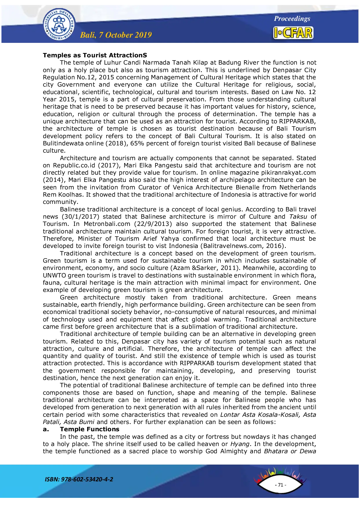 JURIS Temple Architecture as Tourism Attraction with Green Destination Concept at Badung River