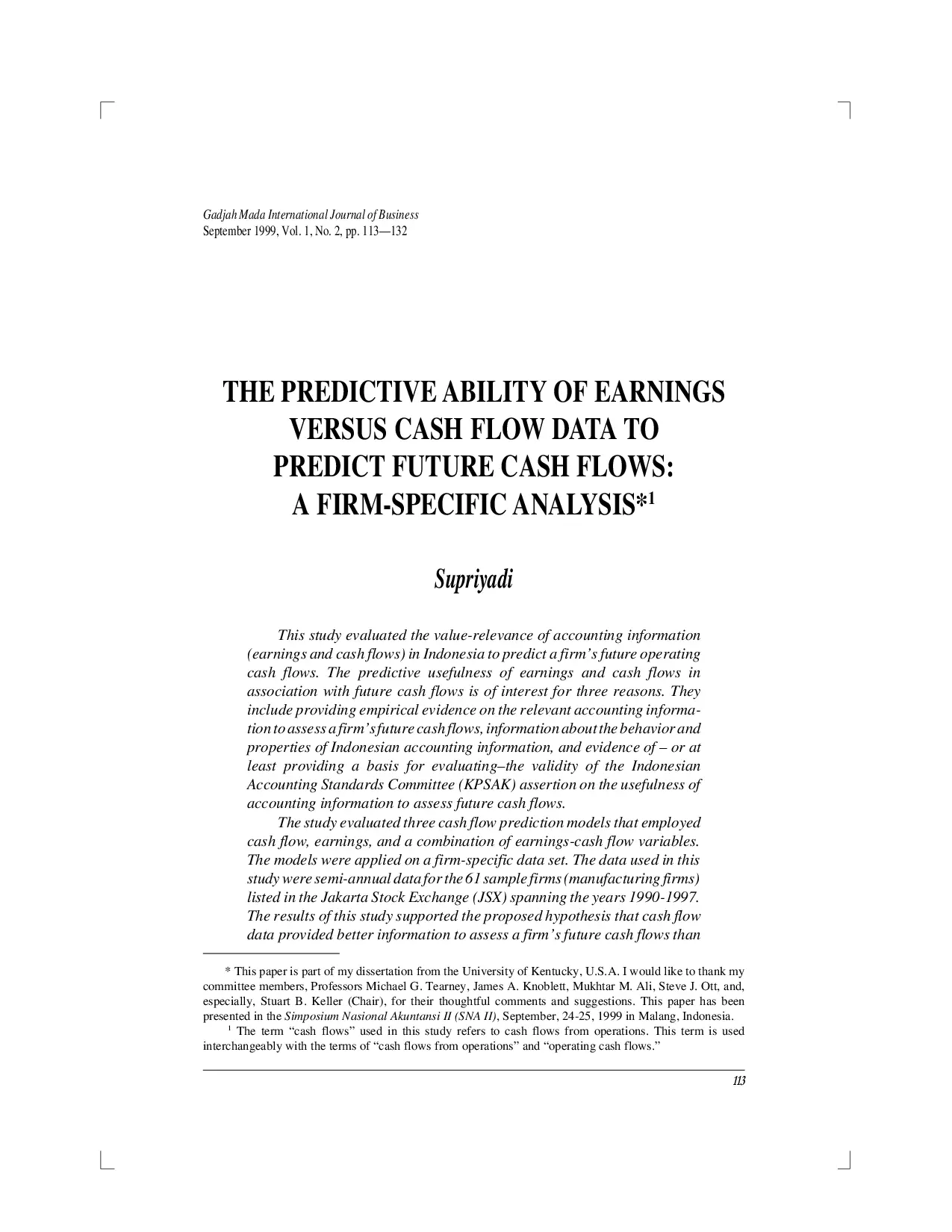juris The Predictive Ability of Earnings vs Cash Flow Data to Predict Future Cash Flows