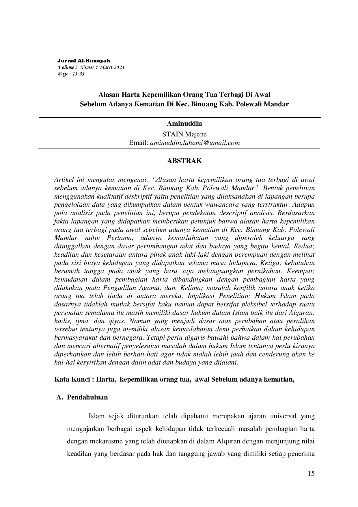 juris Alasan Harta Kepemilikan Orang Tua Terbagi di Awal Sebelum Adanya Kematian di Kec Binuang Kab Polewali Mandar