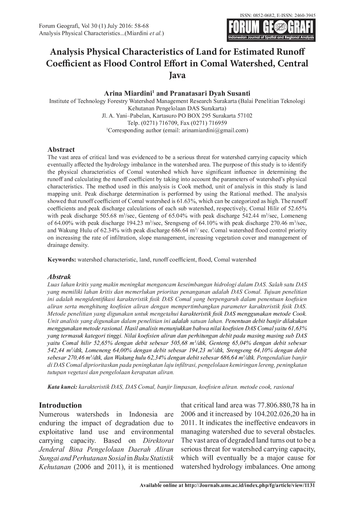 JURIS Analysis Physical Characteristics of Land for Estimated Runoff Coefficient as Flood Control Effort in Comal Watershed Central Java