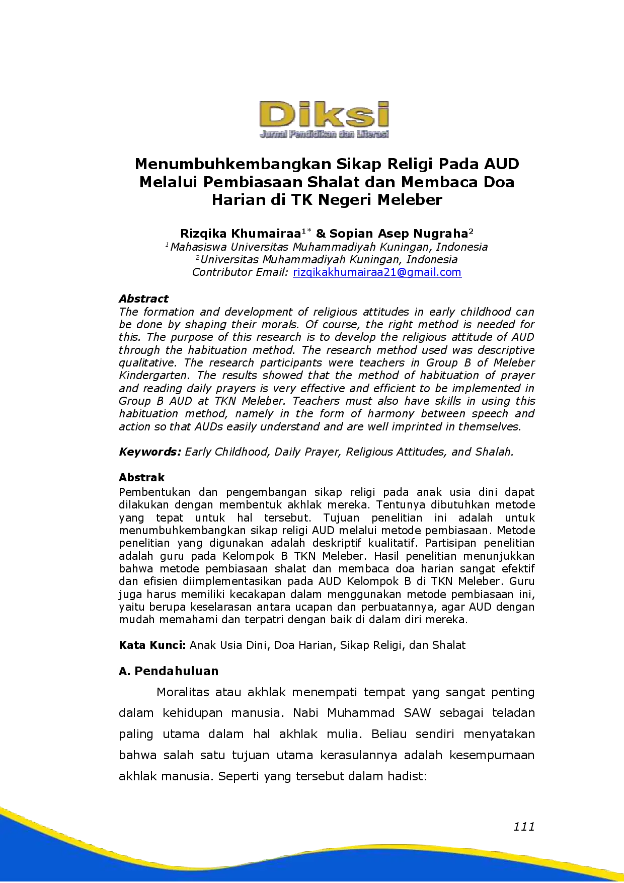 juris Menumbuhkembangkan Sikap Religi Pada Anak Usia Dini Melalui Pembiasaan Membaca Doa Harian di TK Negeri Meleber Kec Meleber Kab Kuningan