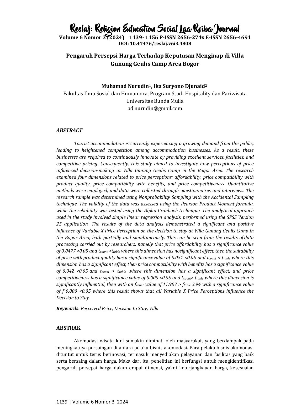 JURIS Pengaruh Persepsi Harga terhadap Keputusan Menginap di Villa Gunung Geulis Camp Area Bogor