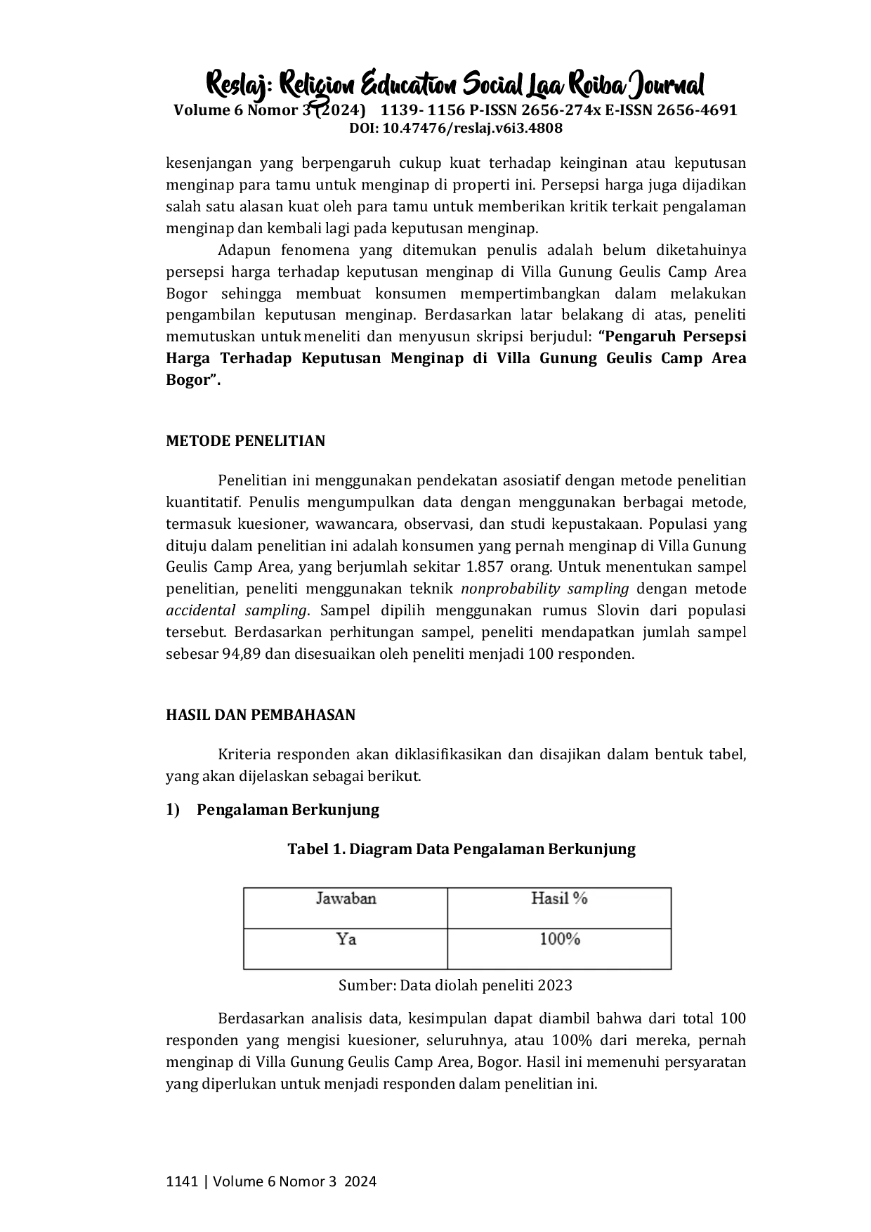 JURIS Pengaruh Persepsi Harga terhadap Keputusan Menginap di Villa Gunung Geulis Camp Area Bogor
