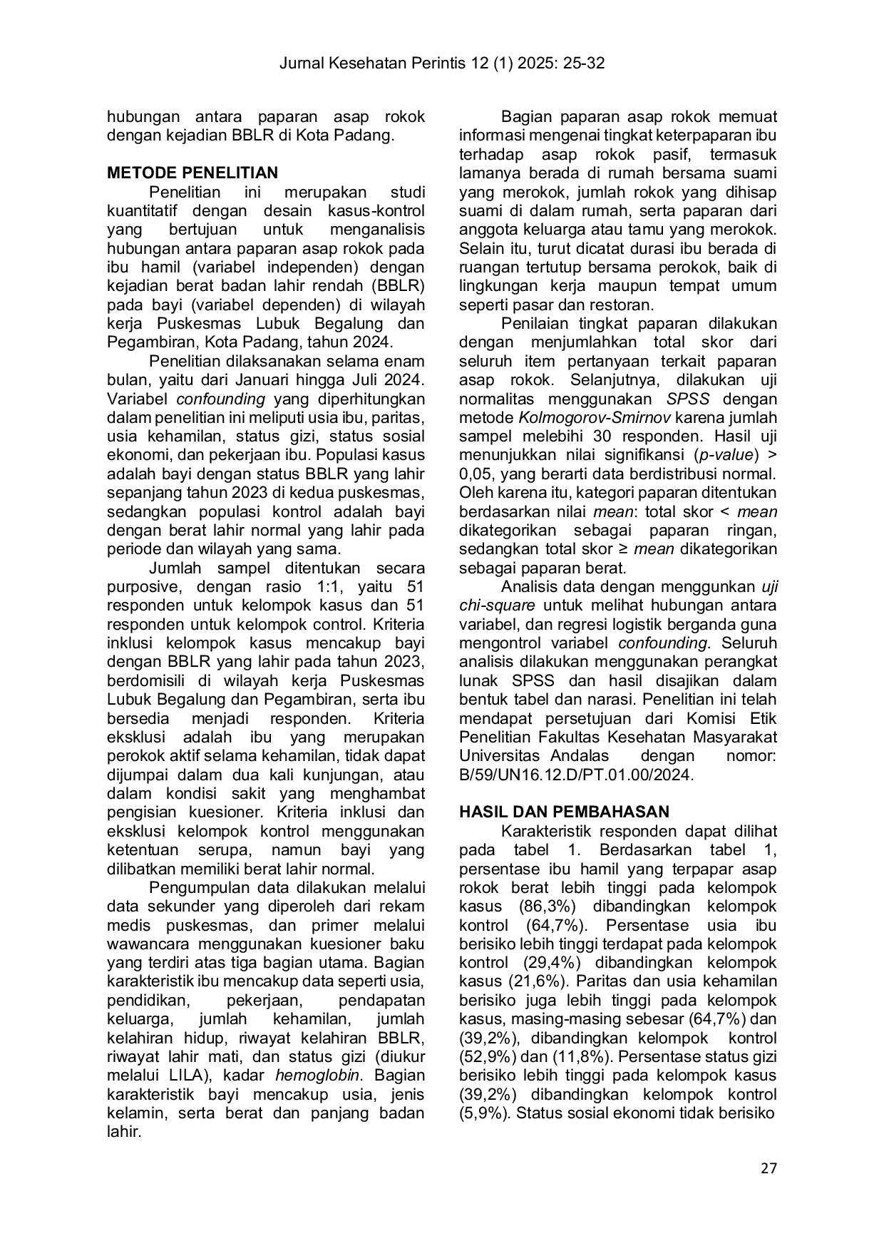 JURIS Analisis Case Control Paparan Asap Rokok Ibu Hamil terhadap Kejadian Berat Badan Lahir Rendah