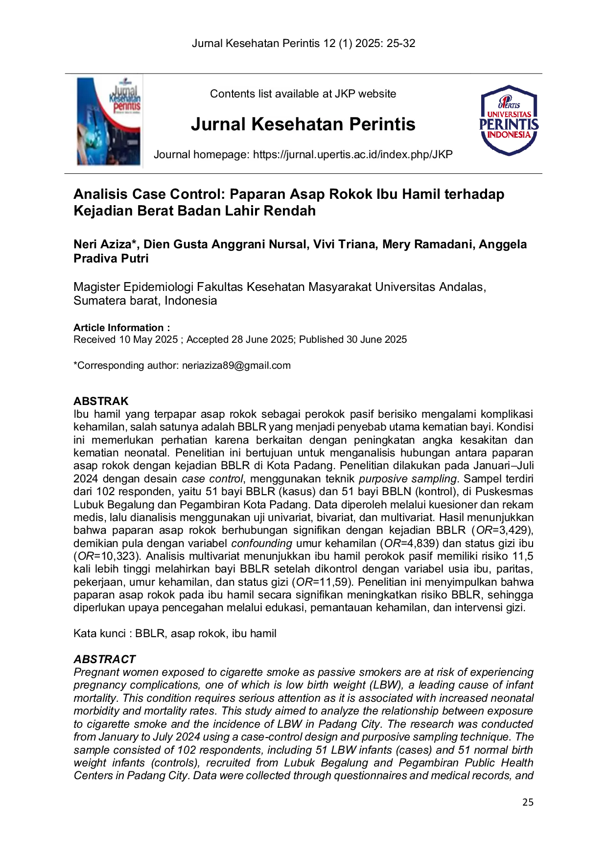 JURIS Analisis Case Control Paparan Asap Rokok Ibu Hamil terhadap Kejadian Berat Badan Lahir Rendah
