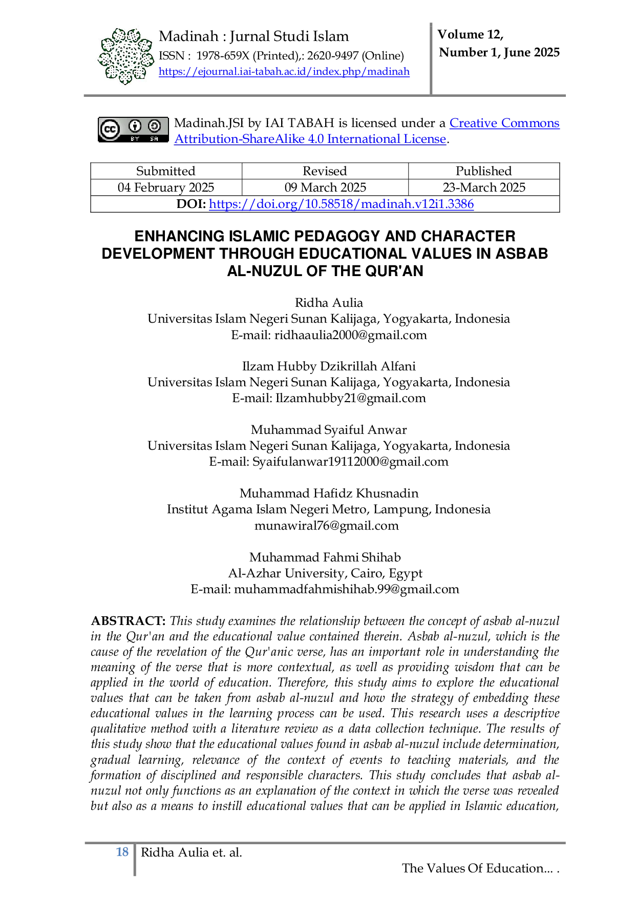 JURIS Enhancing Islamic Pedagogy and Character Development through Educational Values in Asbab al Nuzul of the Qur an