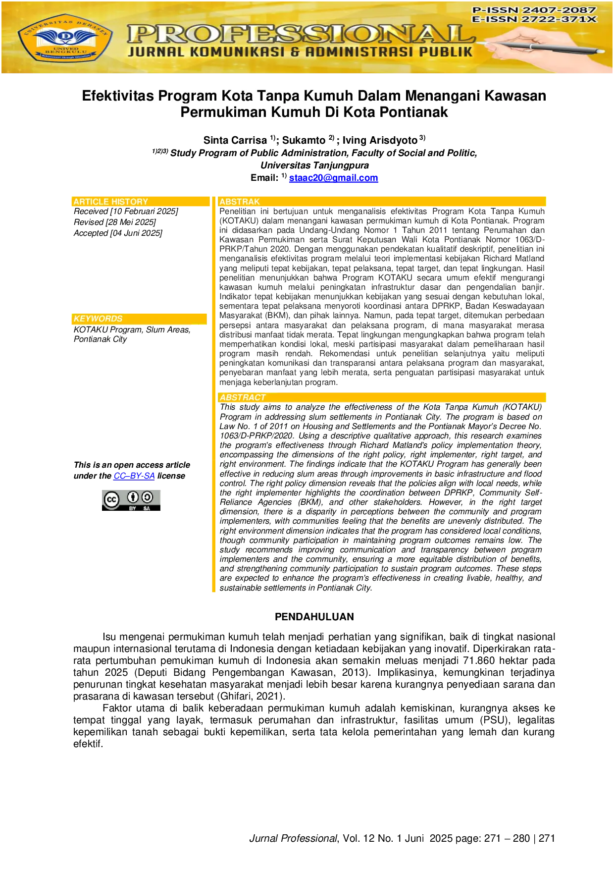 JURIS Efektivitas Program Kota Tanpa Kumuh Dalam Menangani Kawasan Permukiman Kumuh di Kota Pontianak