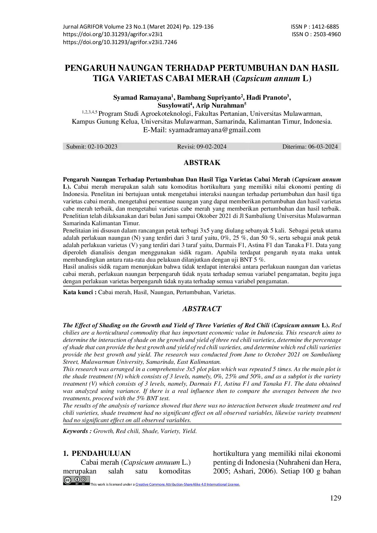 JURIS PENGARUH NAUNGAN TERHADAP PERTUMBUHAN DAN HASIL TIGA VARIETAS CABAI MERAH Capsicum annuum L