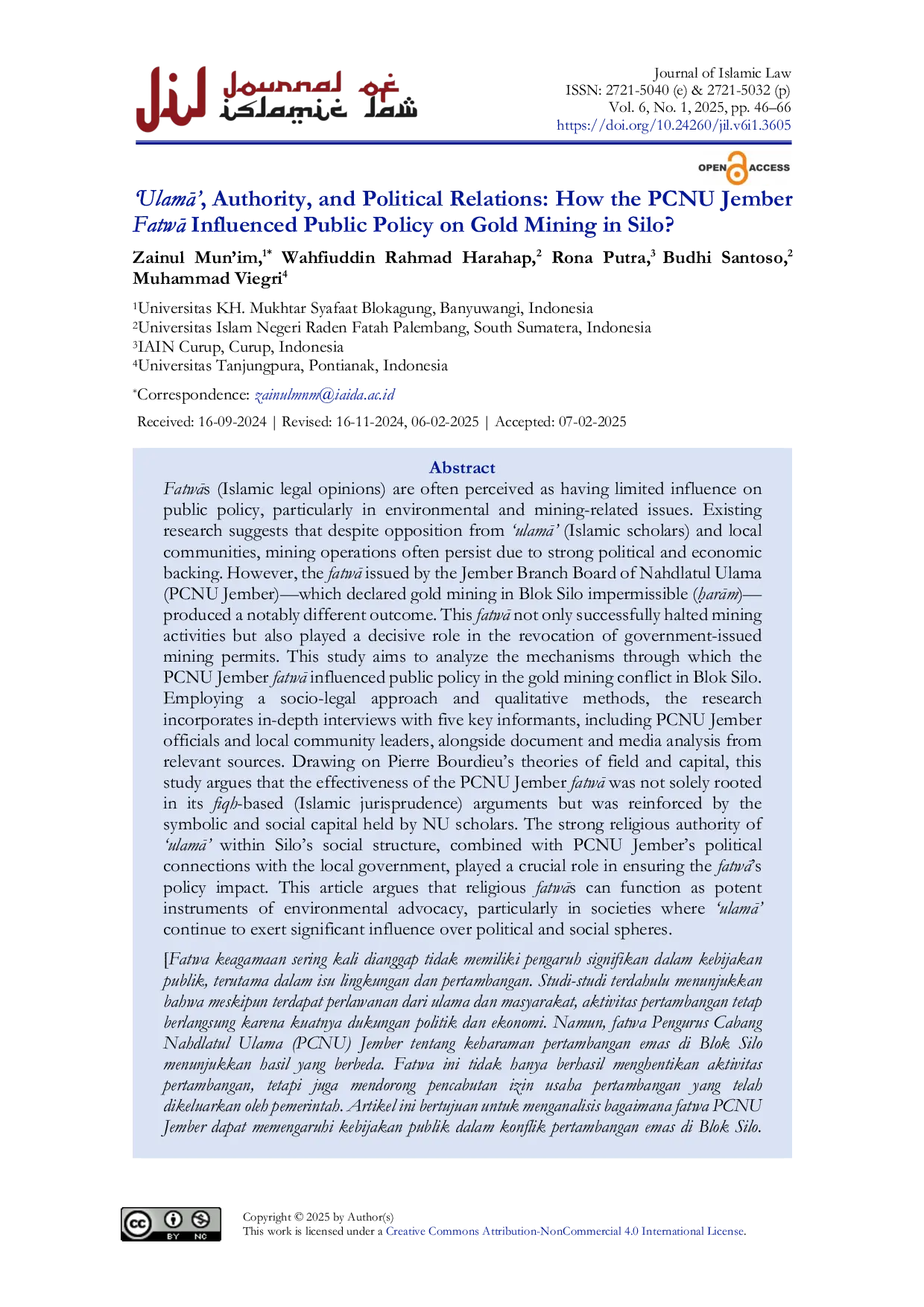JURIS UlamA Authority and Political Relations How the PCNU Jember FatwA Influenced Public Policy on Gold Mining in Silo