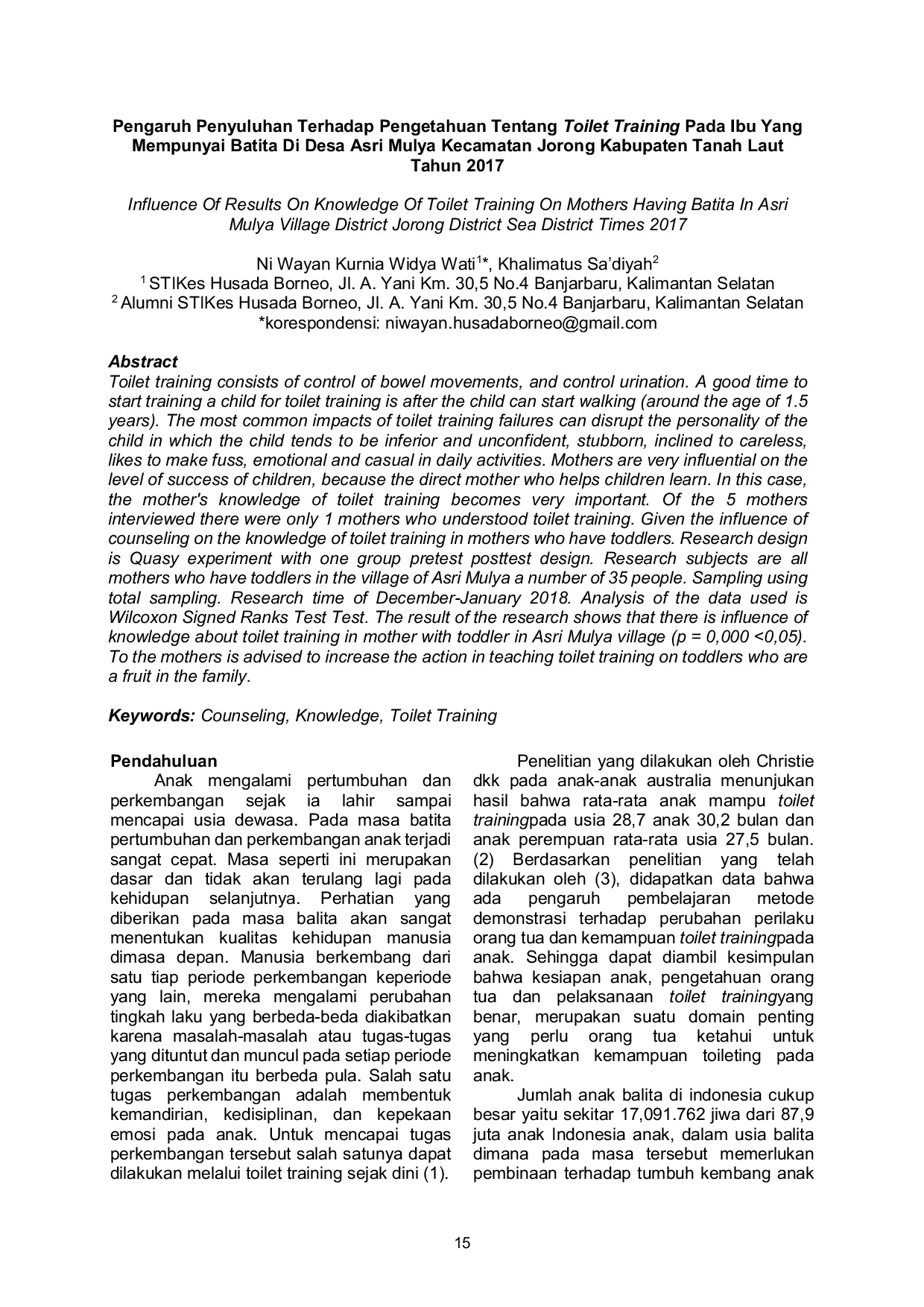 JURIS Pengaruh Penyuluhan Terhadap Pengetahuan Tentang Toilet Training Pada Ibu Yang Mempunyai Batita Di Desa Asri Mulya Kecamatan Jorong Kabupaten Tanah Laut Tahun 2017