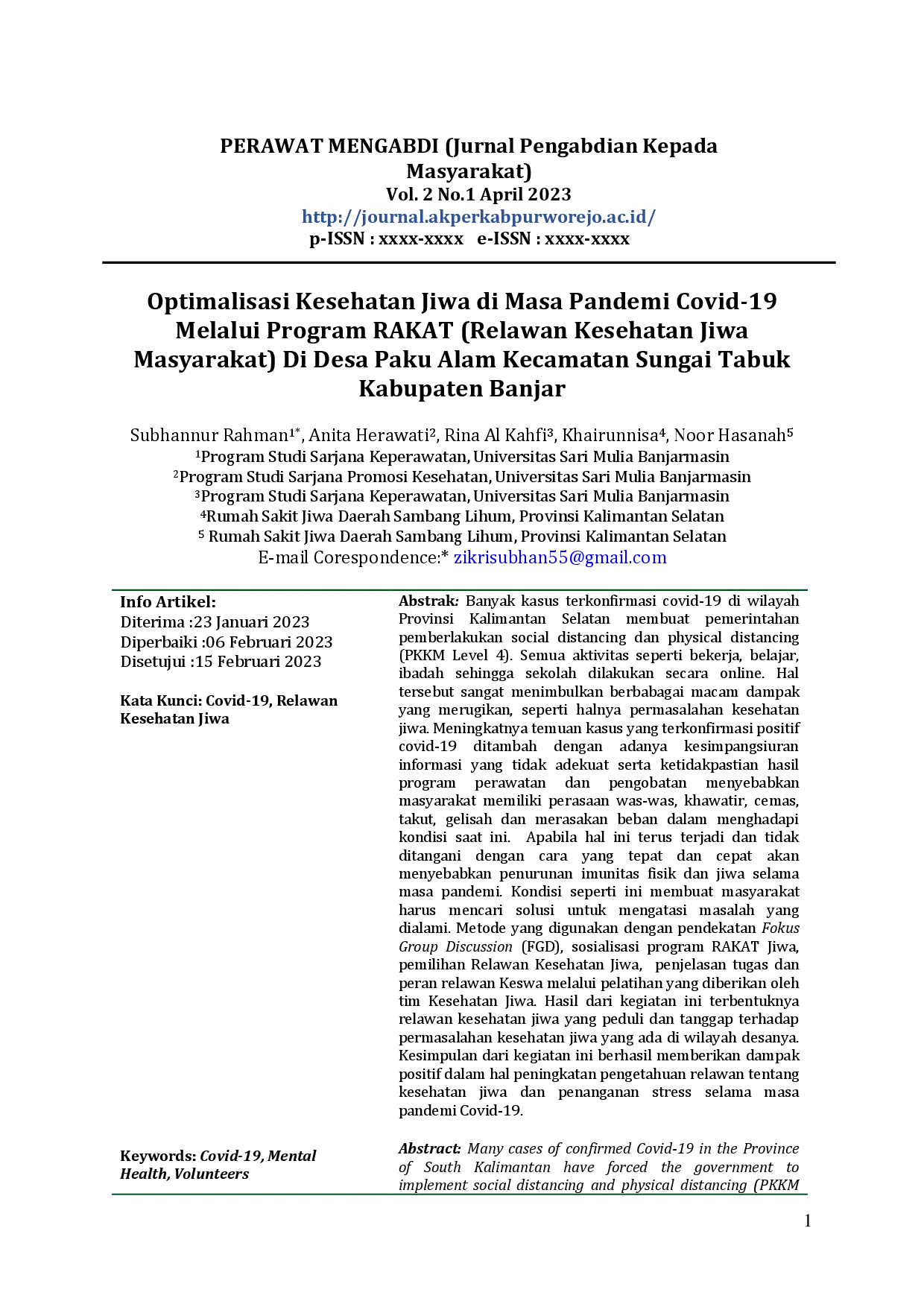 juris Optimalisasi Kesehatan Jiwa di Masa Pandemi Covid 19 Melalui Program Rakat Relawan Kesehatan Jiwa Masyarakat di Desa Paku Alam Kecamatan Sungai Tabuk Kabupaten Banjar