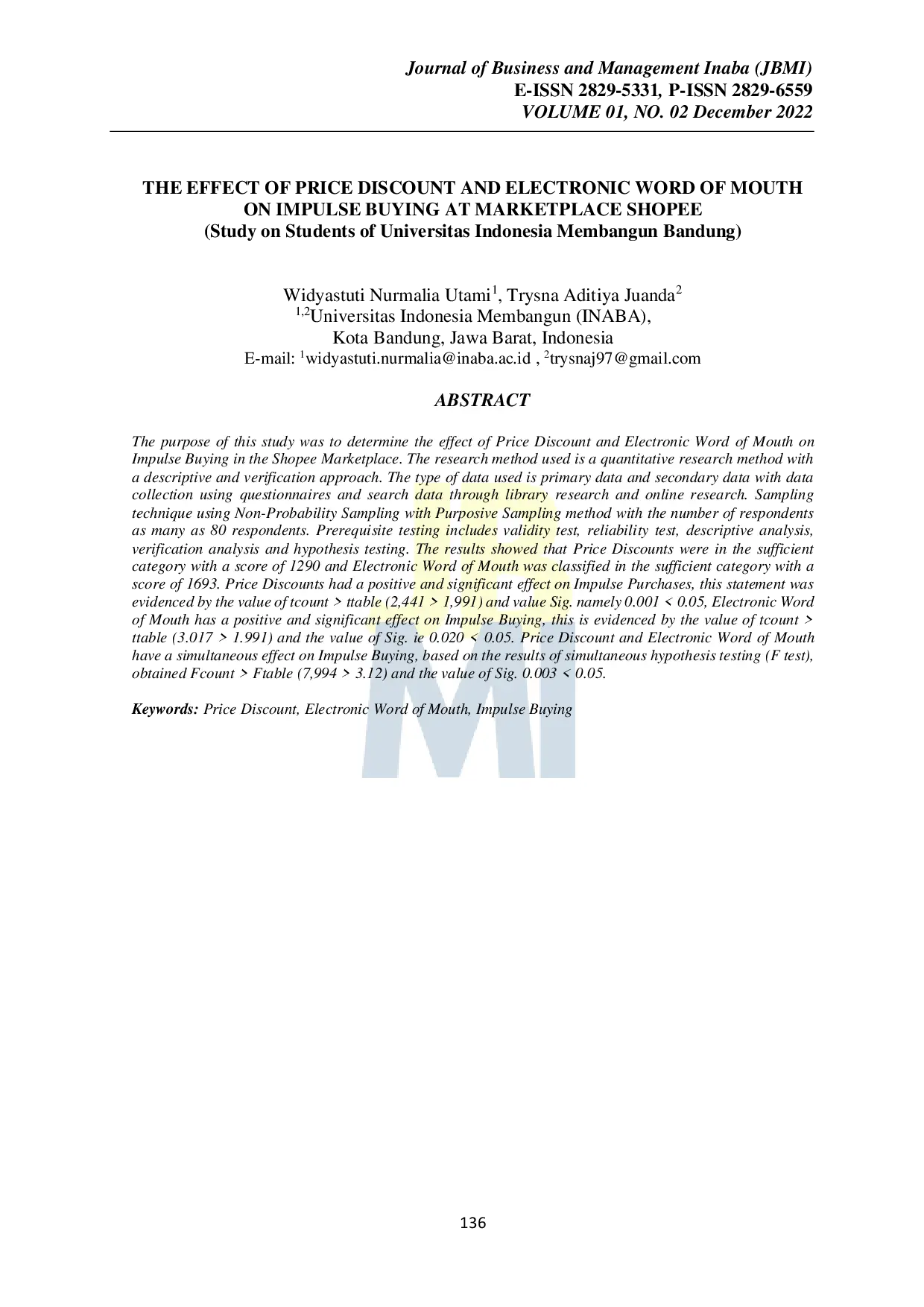 JURIS THE EFFECT OF PRICE DISCOUNT AND ELECTRONIC WORD OF MOUTH ON IMPULSE BUYING AT MARKETPLACE SHOPEE Study on Students of Universitas Indonesia Membangun Bandung