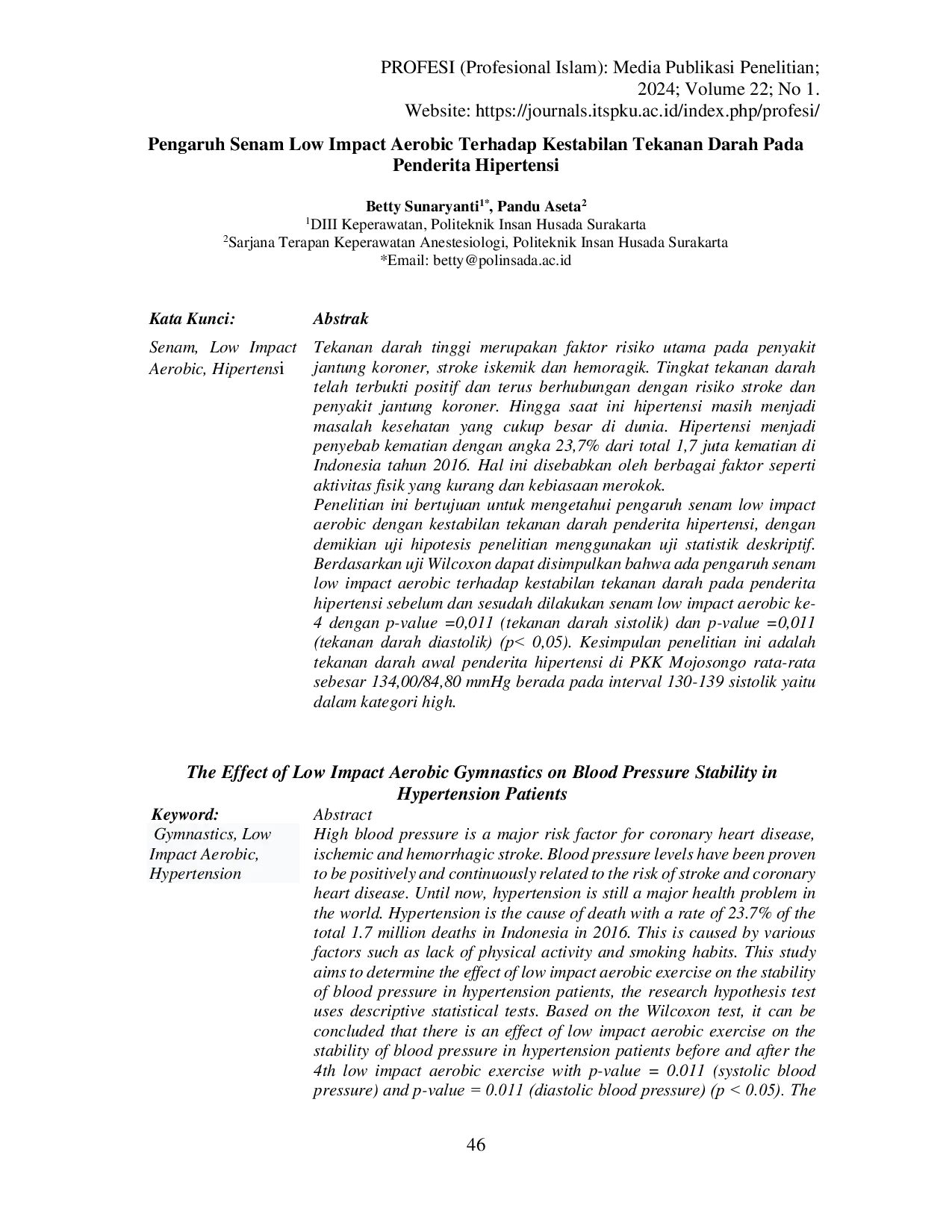 JURIS Pengaruh Senam Low Impact Aerobic Terhadap Kestabilan Tekanan Darah Pada Penderita Hipertensi