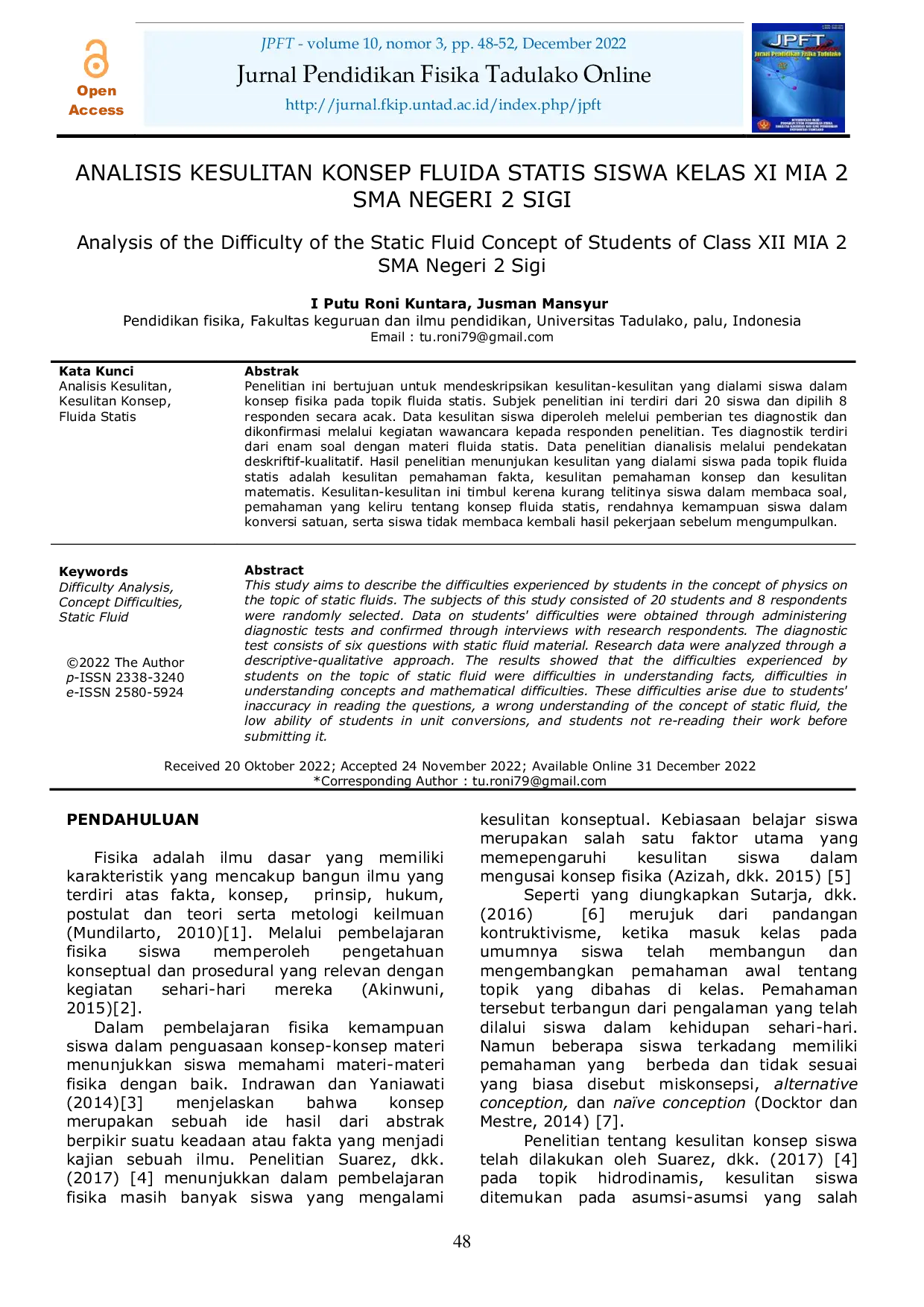 JURIS Analisis Kesulitan Konsep Fluida Statis Siswa Kelas XI MIA 2 SMA Negeri 2 Sigi