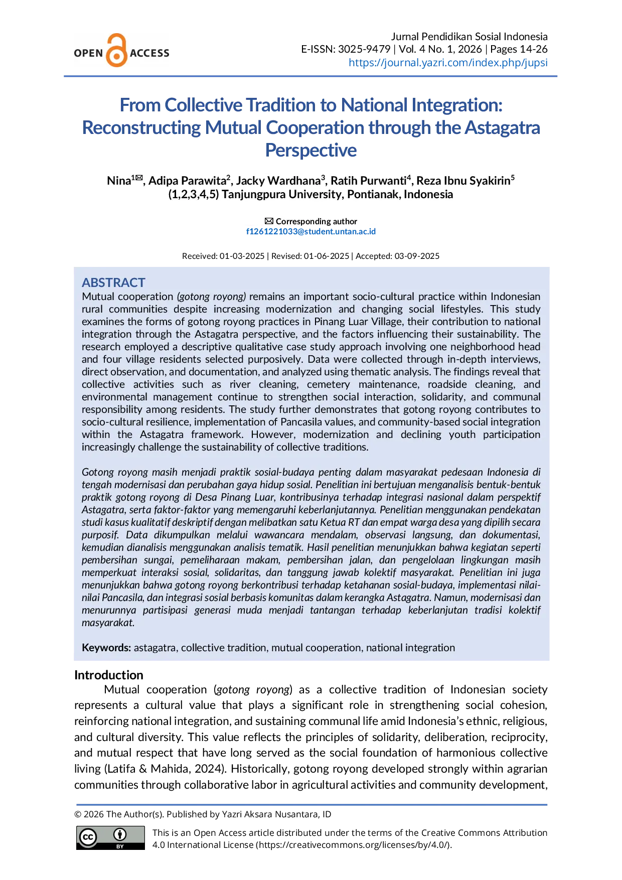 JURIS From Collective Tradition to National Integration Reconstructing Mutual Cooperation through the Astagatra Perspective