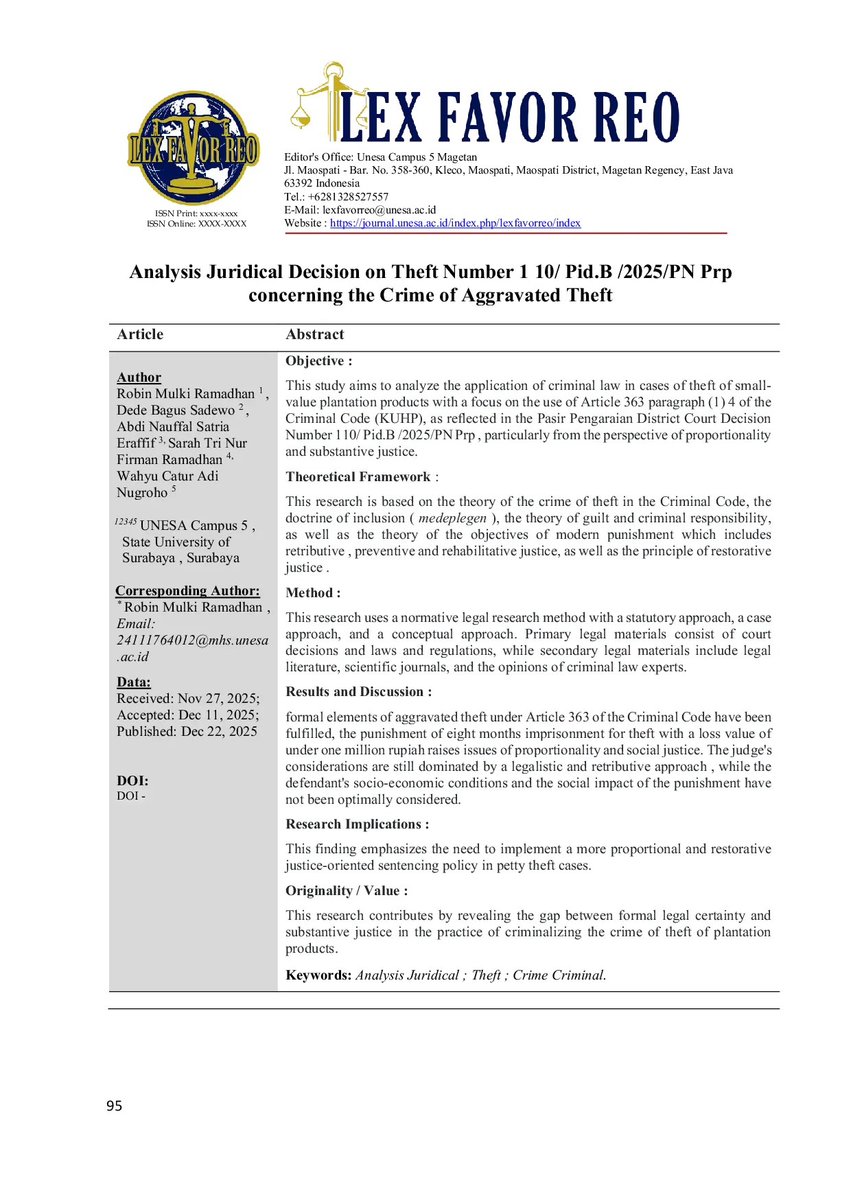 JURIS Analysis Juridical Decision on Theft Number 1 10 Pid B 2025 PN Prp concerning the Crime of Aggravated Theft