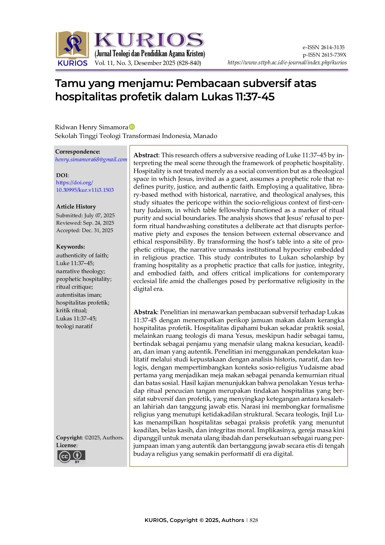 JURIS Tamu yang menjamu Pembacaan subversif atas hospitalitas profetik dalam Lukas 11 37 45