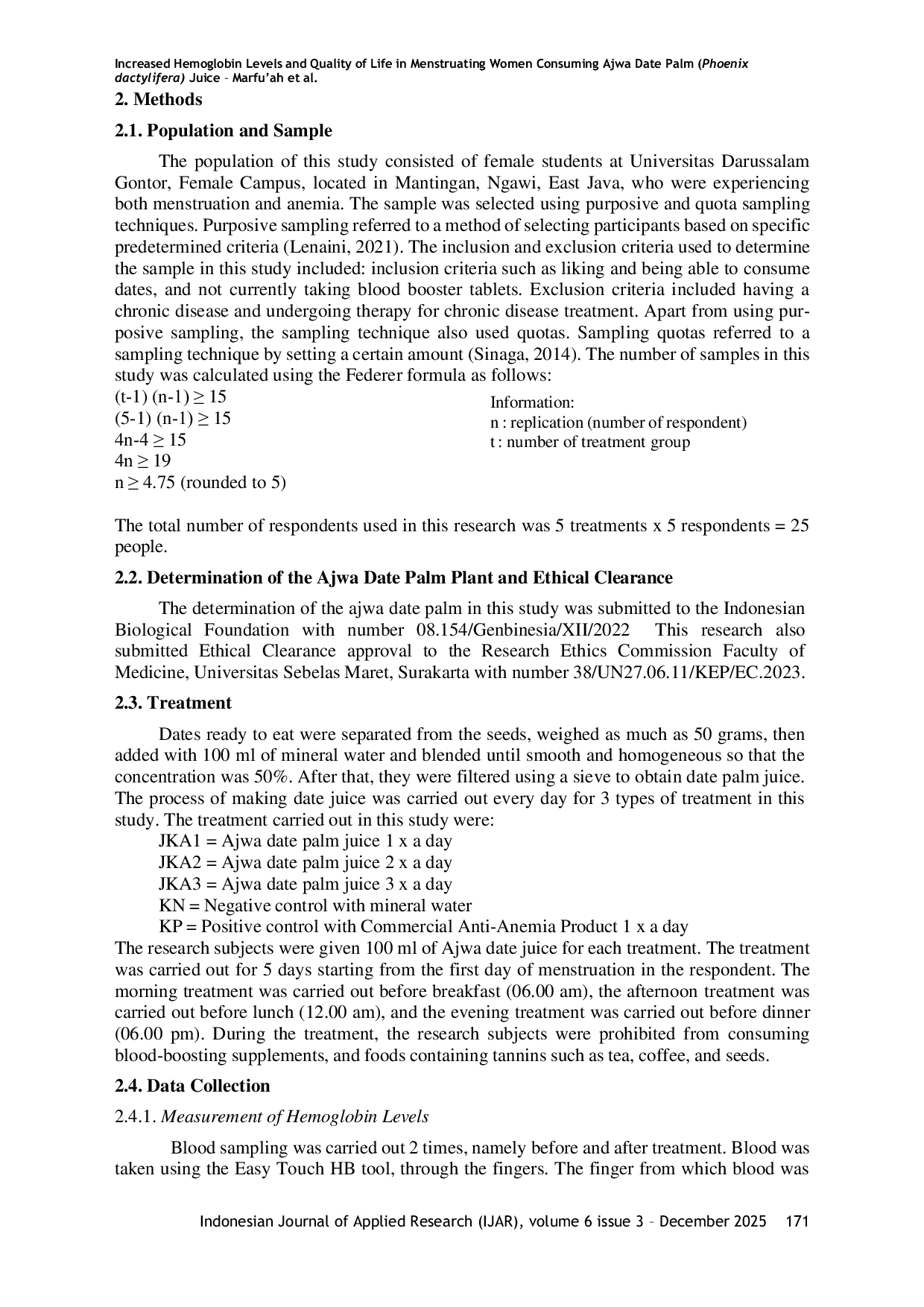 JURIS Increased Hemoglobin Levels and Quality of Life in Menstruating Women Consuming Ajwa Date Palm Phoenix dactylifera Juice