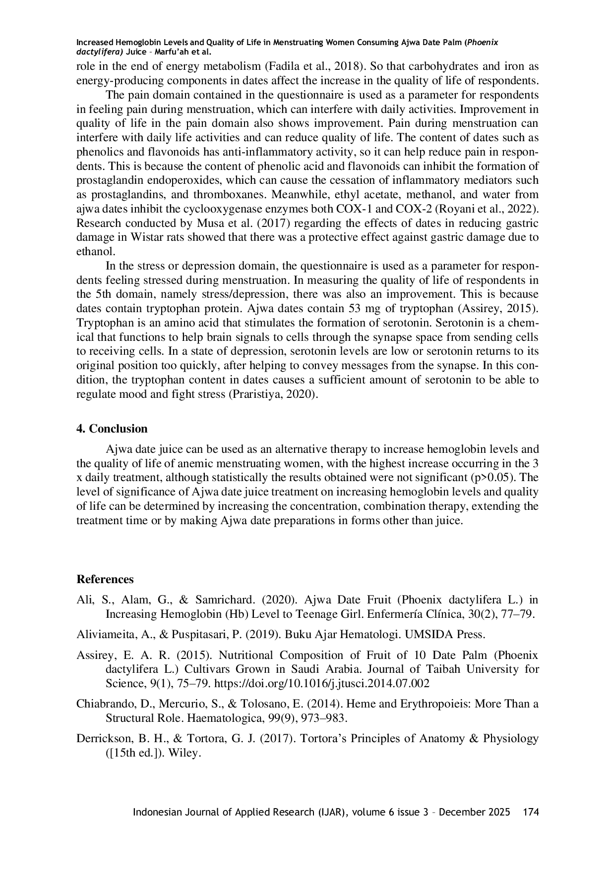 JURIS Increased Hemoglobin Levels and Quality of Life in Menstruating Women Consuming Ajwa Date Palm Phoenix dactylifera Juice