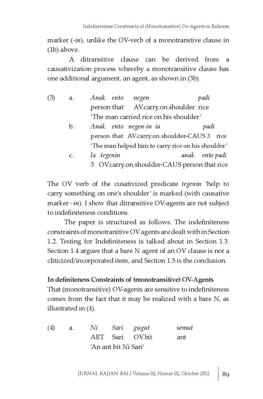 juris Indefiniteness Constraints of Monotransitive Ov Agents in Balinese