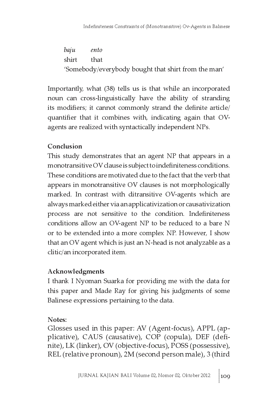 juris Indefiniteness Constraints of Monotransitive Ov Agents in Balinese
