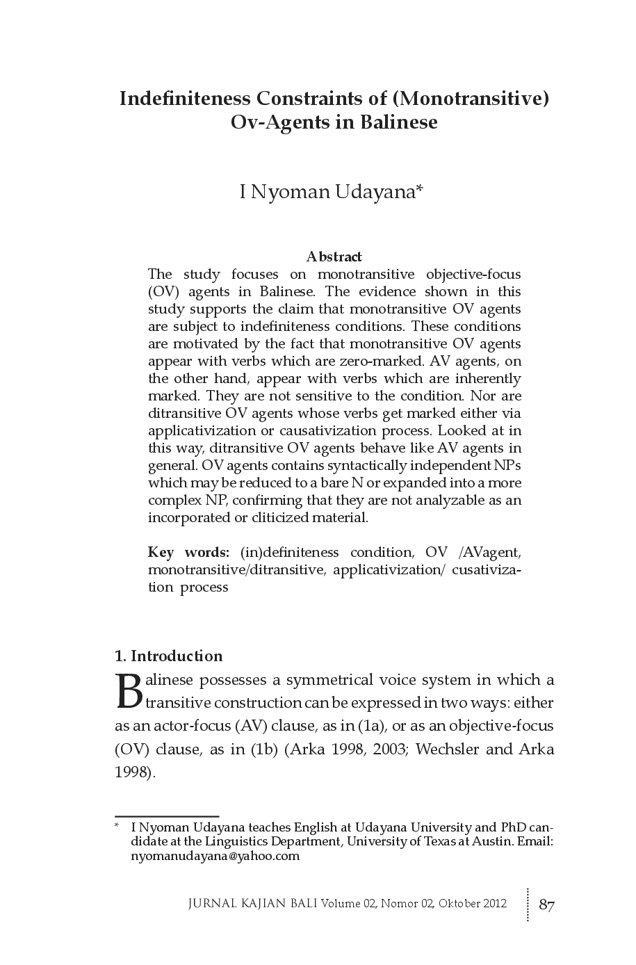 juris Indefiniteness Constraints of Monotransitive Ov Agents in Balinese