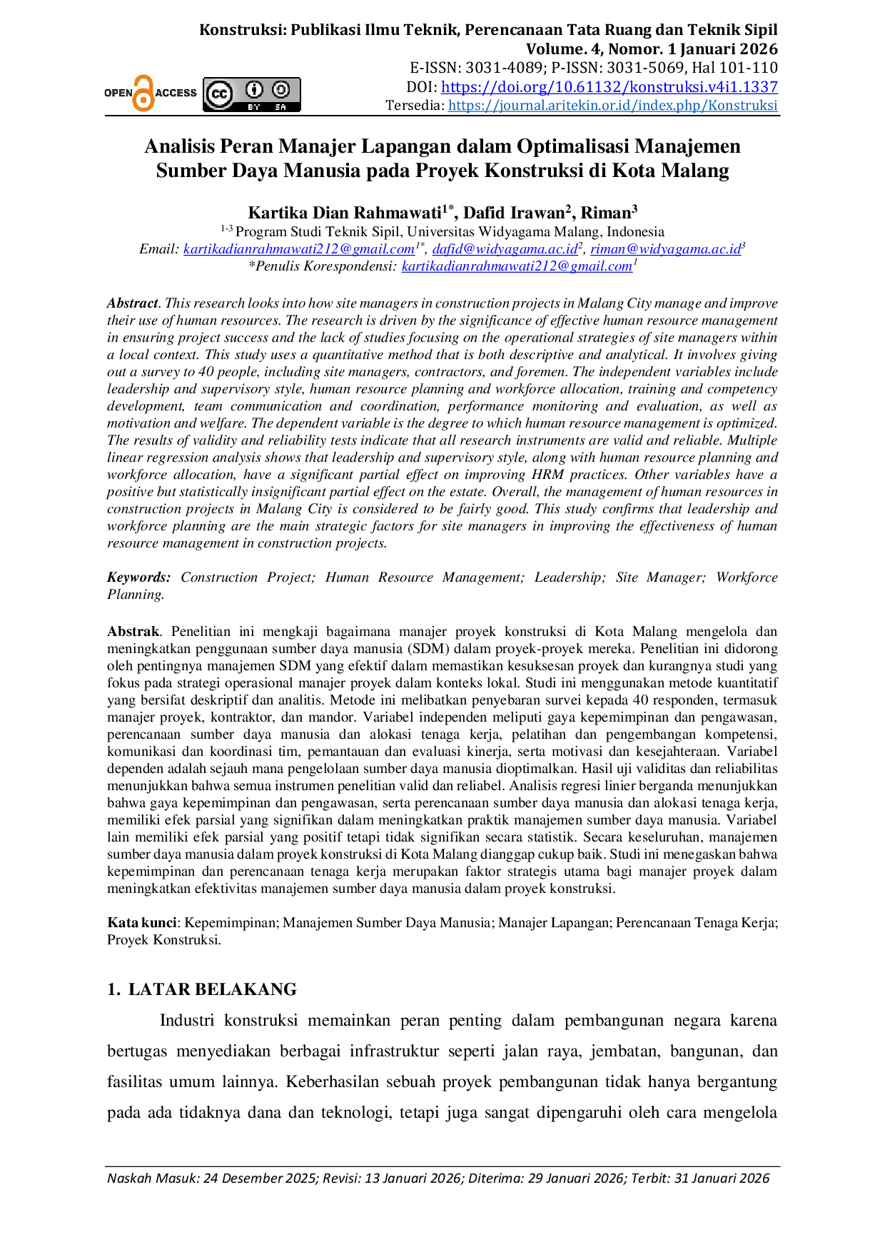JURIS Analisis Peran Manajer Lapangan dalam Optimalisasi Manajemen Sumber Daya Manusia pada Proyek Konstruksi di Kota Malang