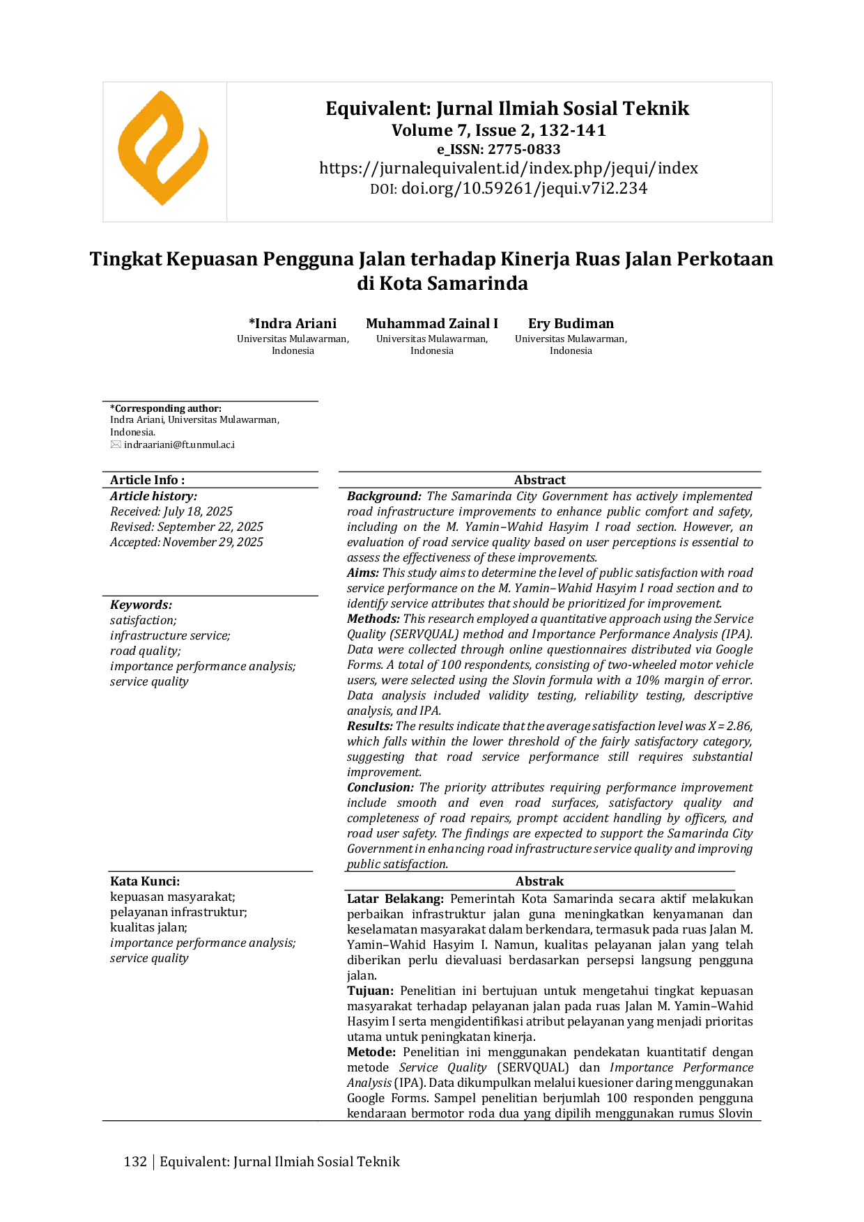 JURIS Tingkat Kepuasan Pengguna Jalan Terhadap Kinerja Ruas Jalan Perkotaan Di Kota Samarinda