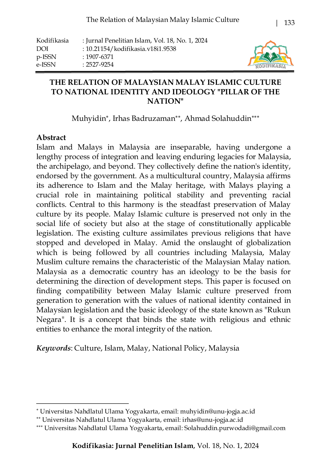 JURIS The Relation of Malaysian Malay Islamic Culture to National Identity and Ideology Pillar of the Nation