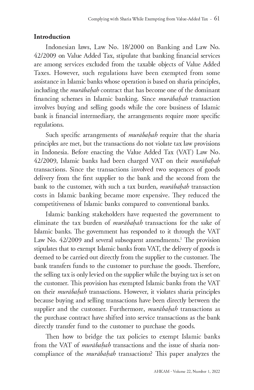 juris Complying with Sharia While Exempting from Value Added Tax MurAbauah in Indonesian Islamic Banks