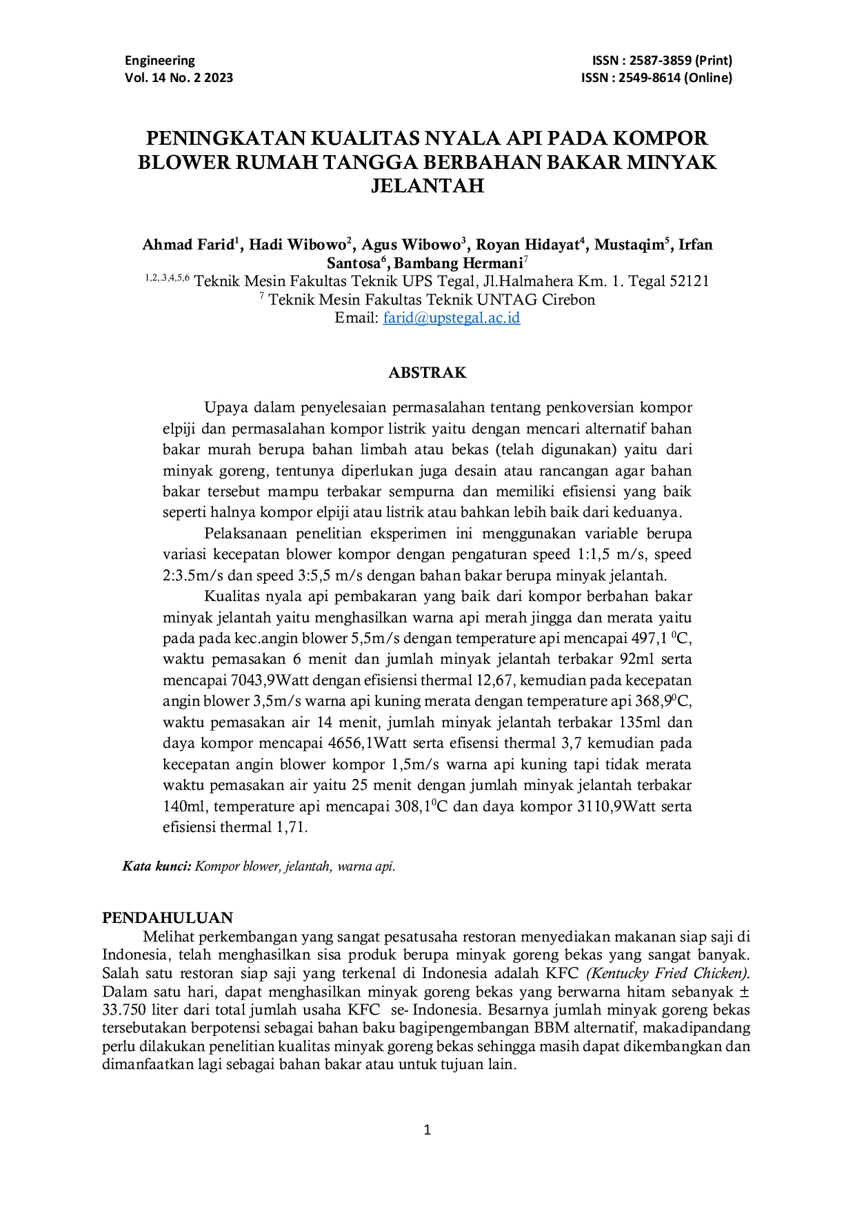JURIS Peningkatan Kualitas Nyala Api Pada Kompor Blower Rumah Tangga Berbahan Bakar Minyak Jelantah