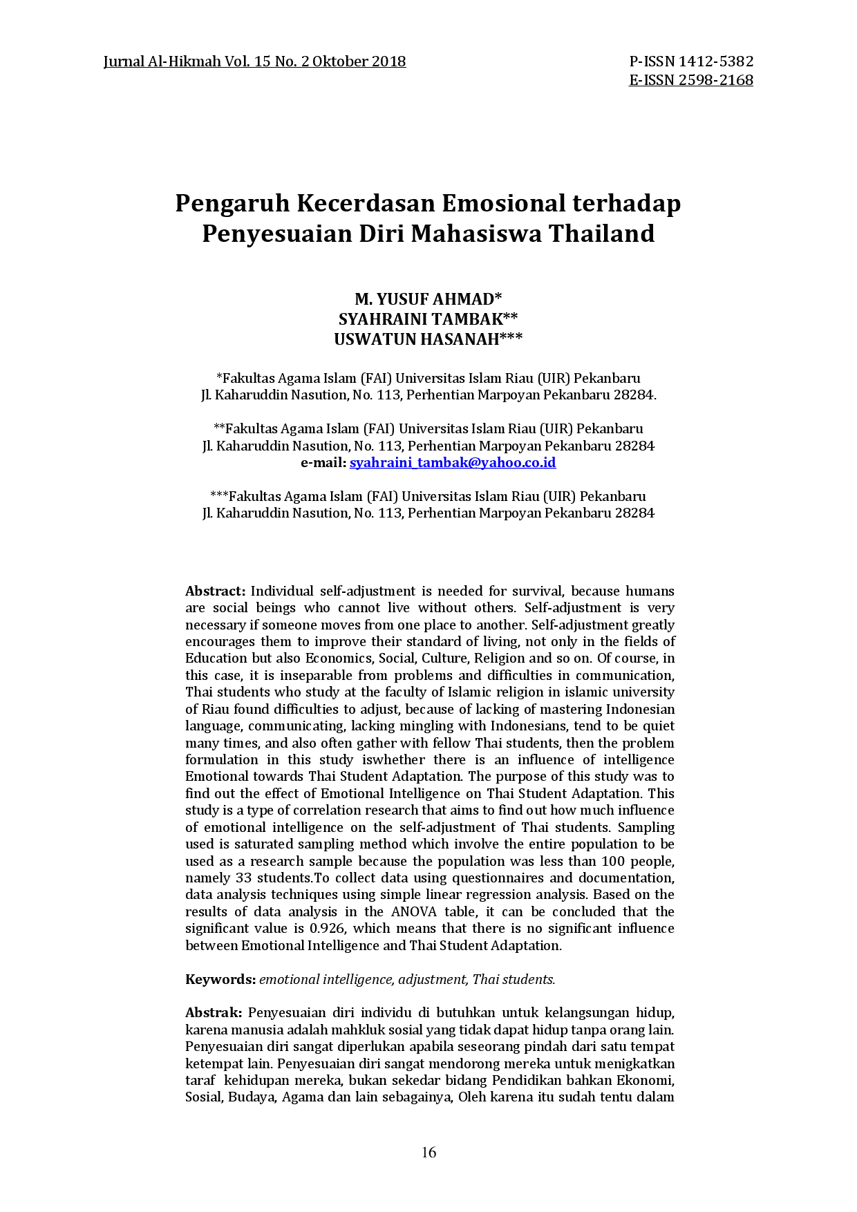 juris Pengaruh Kecerdasan Emosional terhadap Penyesuaian Diri Mahasiswa Thailand