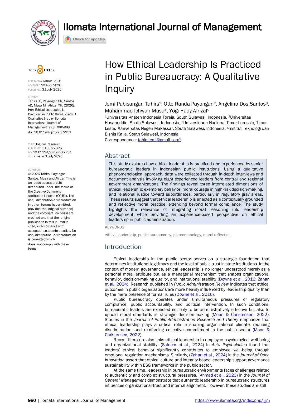 JURIS How Ethical Leadership Is Practiced in Public Bureaucracy A Qualitative Inquiry