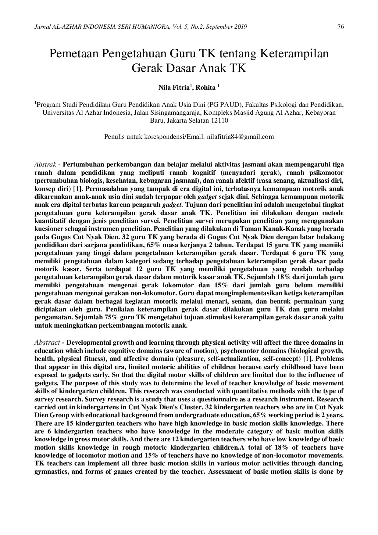 JURIS Pemetaan Pengetahuan Guru TK tentang Keterampilan Gerak Dasar Anak TK