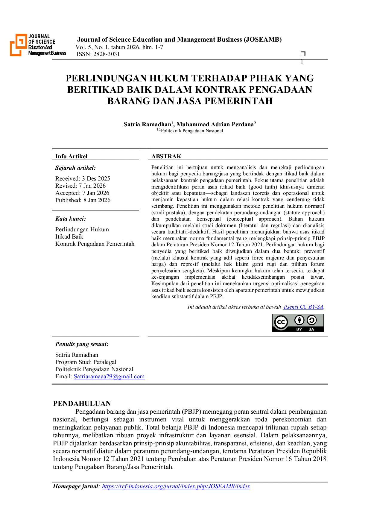 JURIS Perlindungan Hukum terhadap Pihak yang Beritikad Baik dalam Kontrak Pengadaan Barang dan Jasa Pemerintah