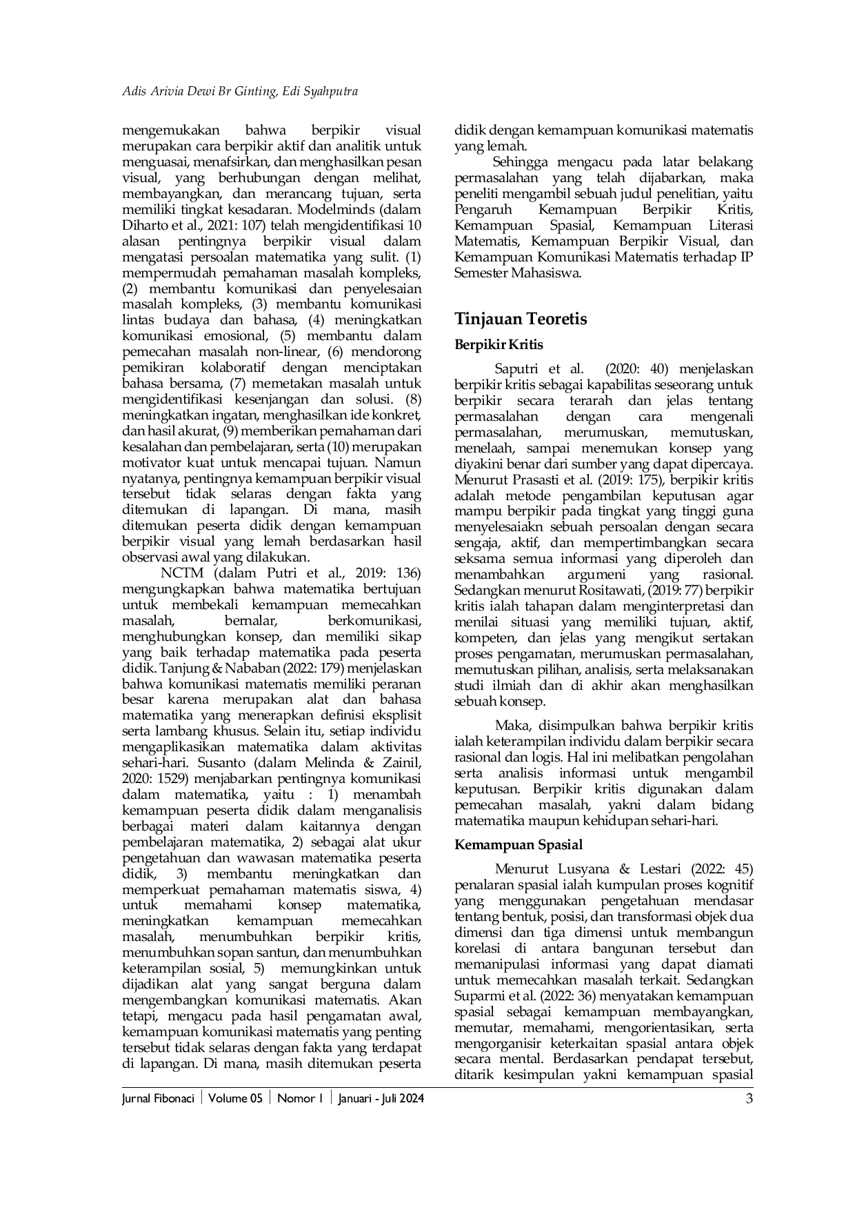 JURIS Pengaruh Kemampuan Berpikir Kritis Kemampuan Spasial Kemampuan Literasi Matematis Kemampuan Berpikir Visual dan Kemampuan Komunikasi Matematis Terhadap IP Semester Mahasiswa