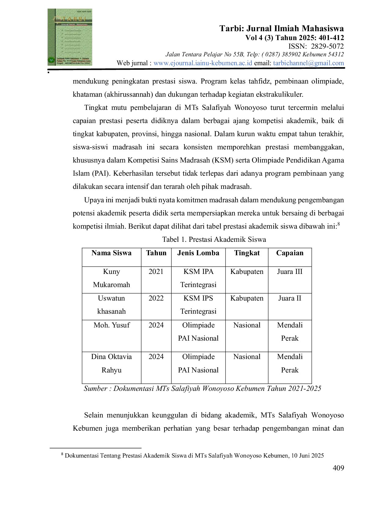 JURIS Dimensi Motivasi Inspirasi dalam Kepemimpinan Transformasional Kepala Sekolah dalam Meningkatkan Mutu Pembelajaran di MTs Salafiyah Wonoyoso Kebumen