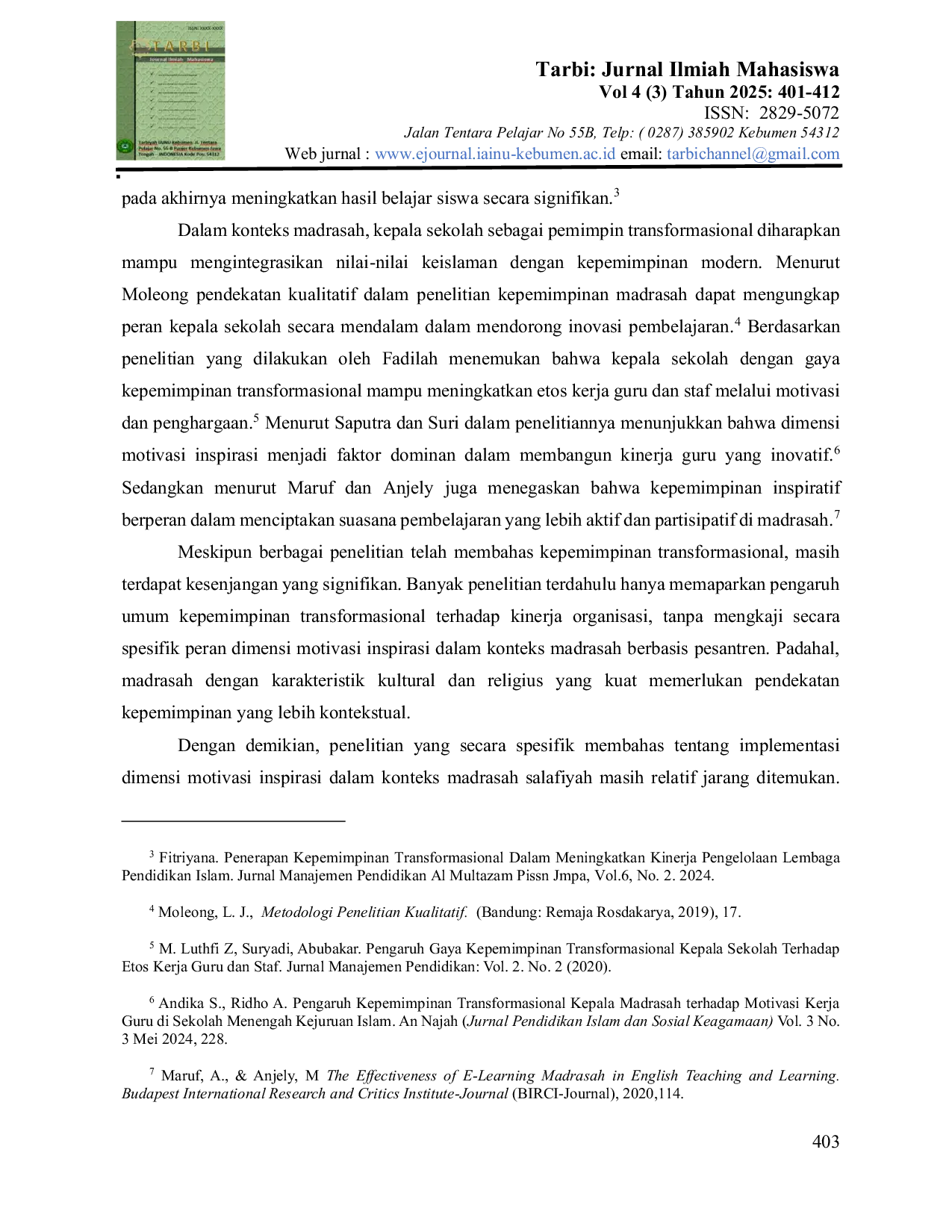 JURIS Dimensi Motivasi Inspirasi dalam Kepemimpinan Transformasional Kepala Sekolah dalam Meningkatkan Mutu Pembelajaran di MTs Salafiyah Wonoyoso Kebumen