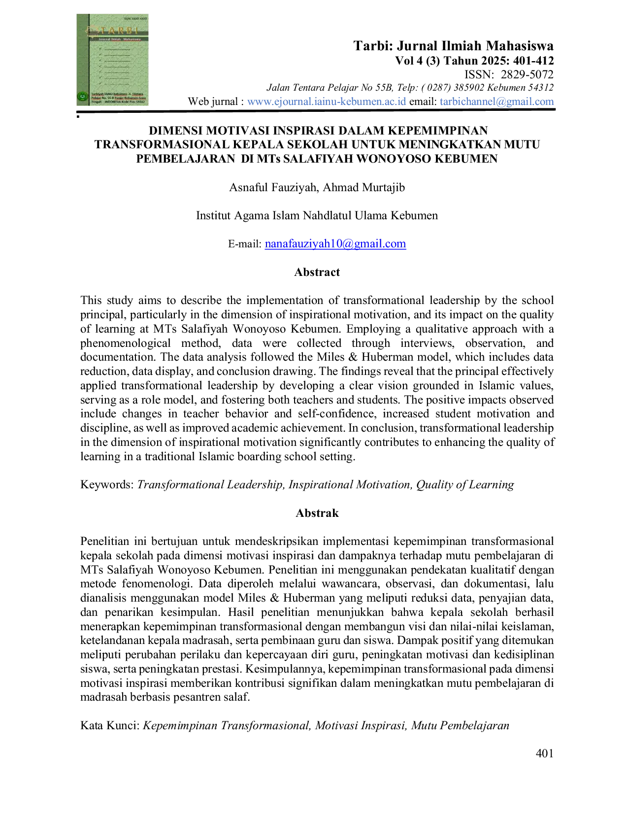 JURIS Dimensi Motivasi Inspirasi dalam Kepemimpinan Transformasional Kepala Sekolah dalam Meningkatkan Mutu Pembelajaran di MTs Salafiyah Wonoyoso Kebumen