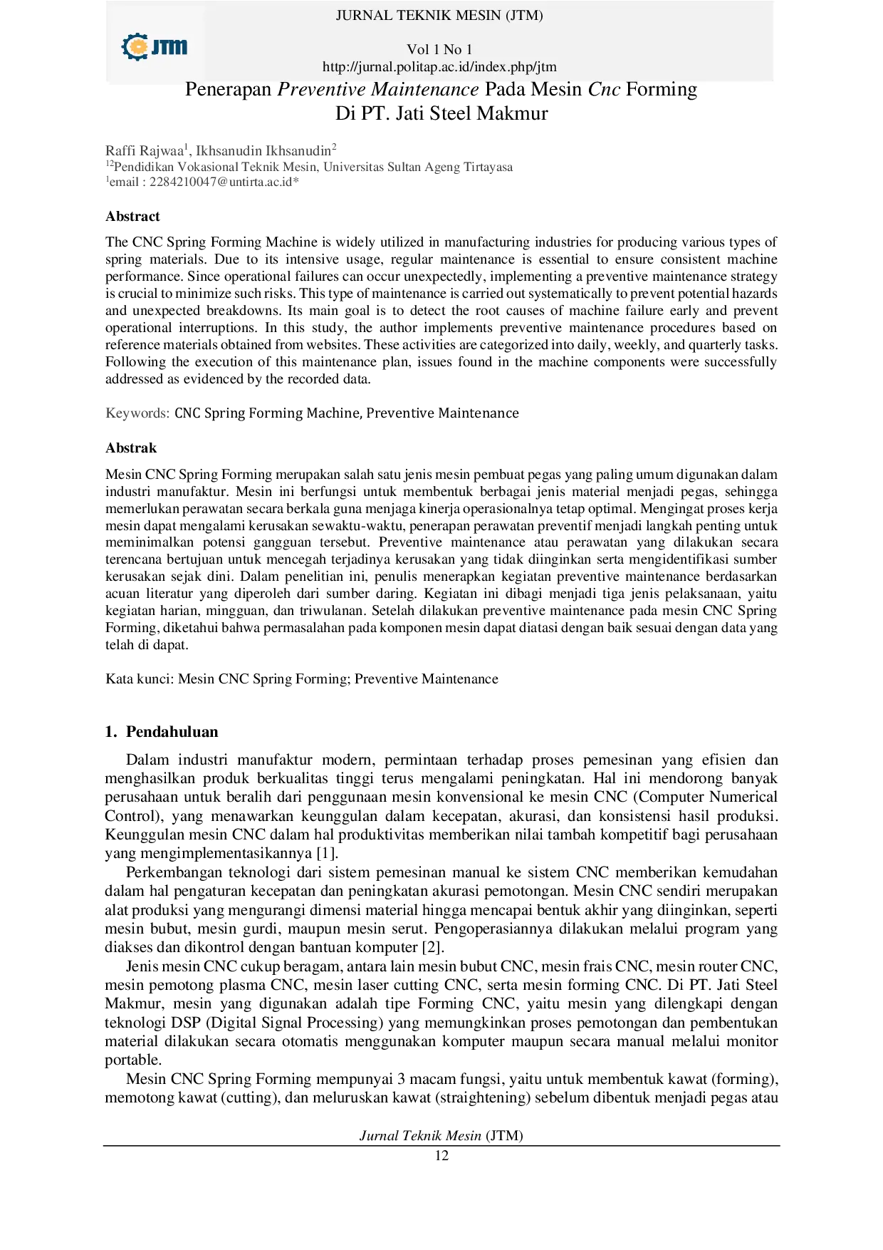 JURIS Penerapan Preventive Maintenance Pada Mesin Cnc Forming Di Pt Jati Steel Makmur