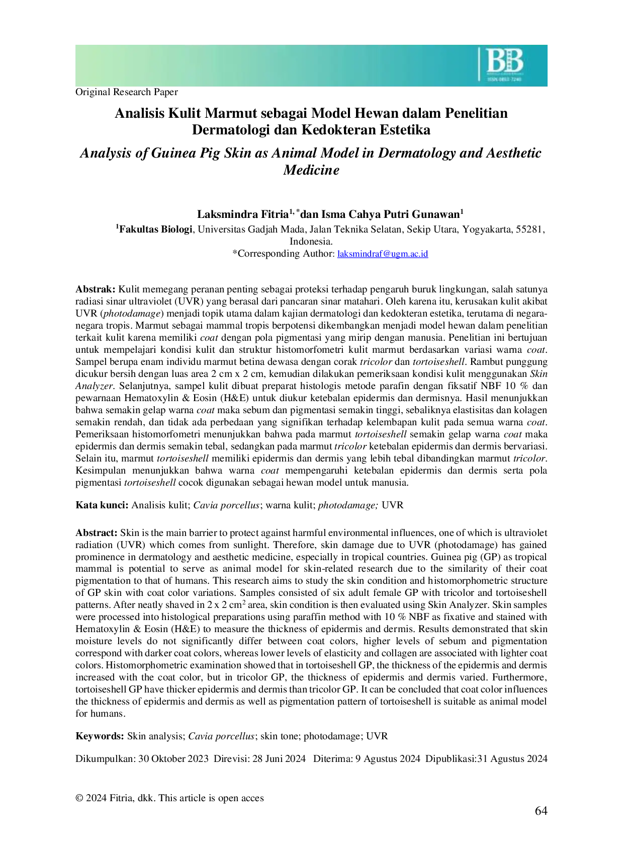 JURIS Analisis Kulit Marmut sebagai Model Hewan dalam Penelitian Dermatologi dan Kedokteran Estetika