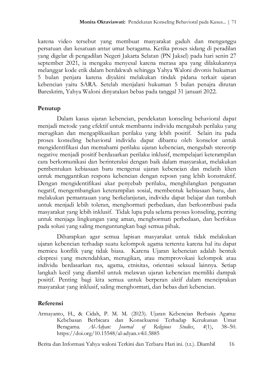 JURIS Pendekatan Konseling Behavioral pada Kasus Dugaan Ujaran Kebencian dan Penodaan Agama Yahya Waloni