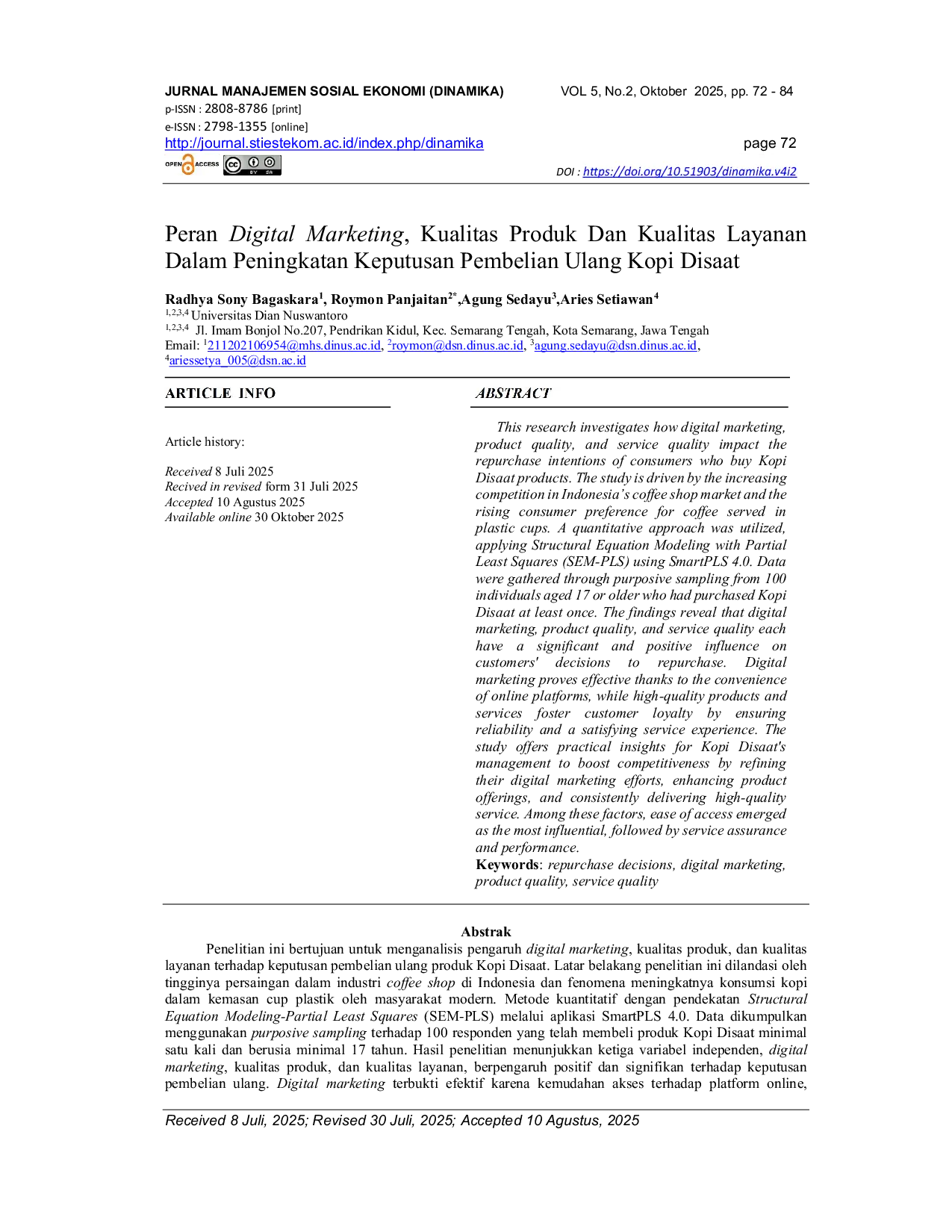JURIS Peran Digital Marketing Kualitas Produk dan Kualitas Layanan dalam Peningkatan Keputusan Pembelian Ulang Kopi Disaat