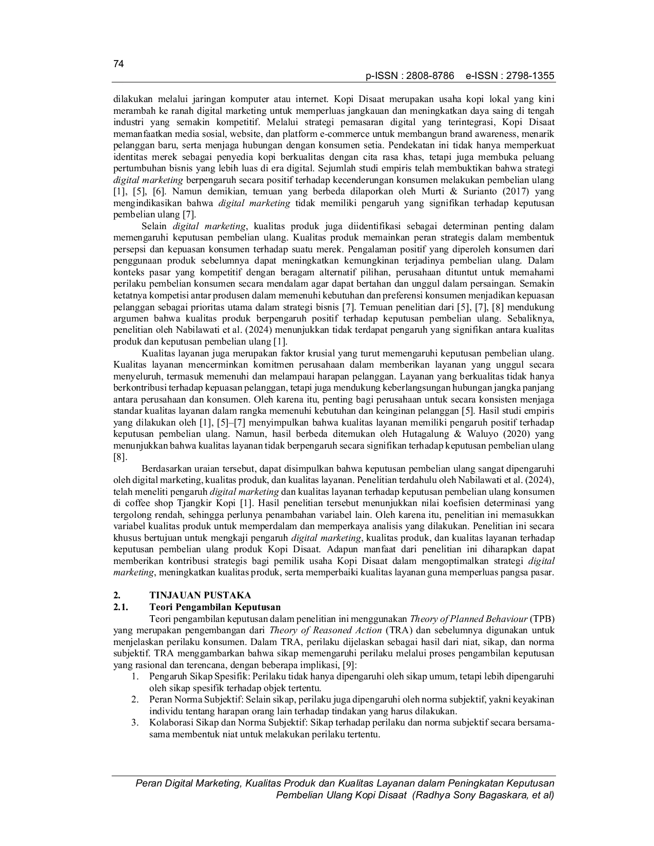 JURIS Peran Digital Marketing Kualitas Produk dan Kualitas Layanan dalam Peningkatan Keputusan Pembelian Ulang Kopi Disaat