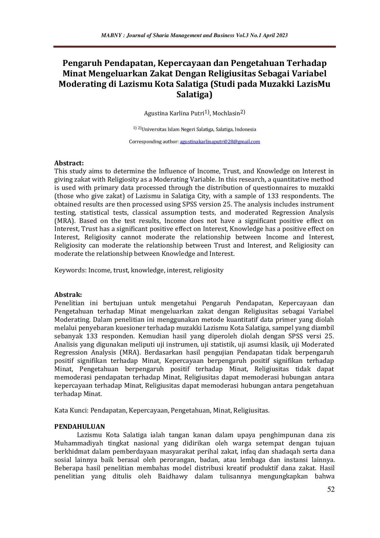 JURIS Pengaruh Pendapatan Kepercayaan dan Pengetahuan terhadap Minat Mengeluarkan Zakat dengan Religiusitas sebagai Variabel Moderating di Lazismu Kota Salatiga