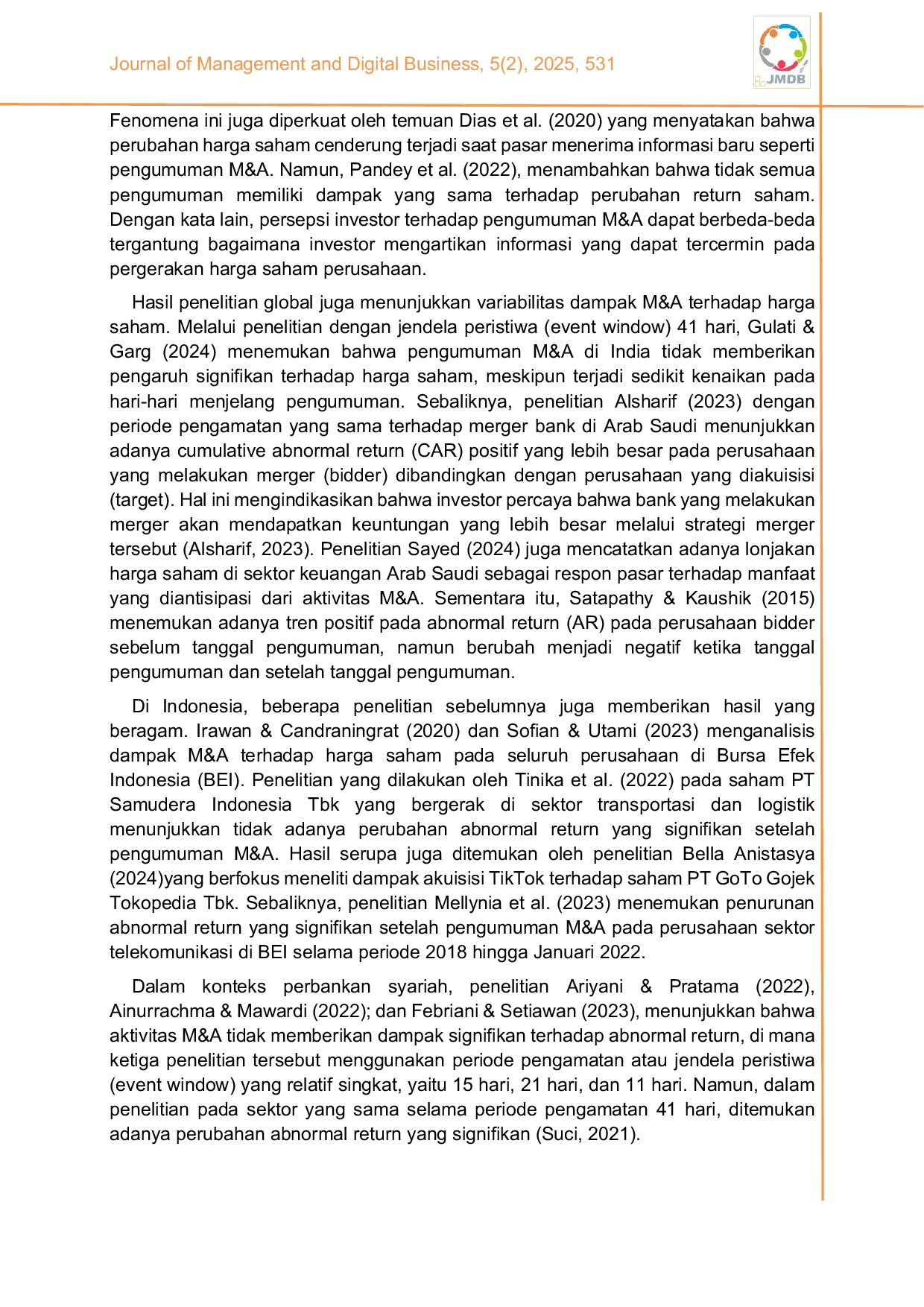 JURIS Dampak notifikasi merger dan akuisisi terhadap return saham pada perusahaan perbankan Indonesia