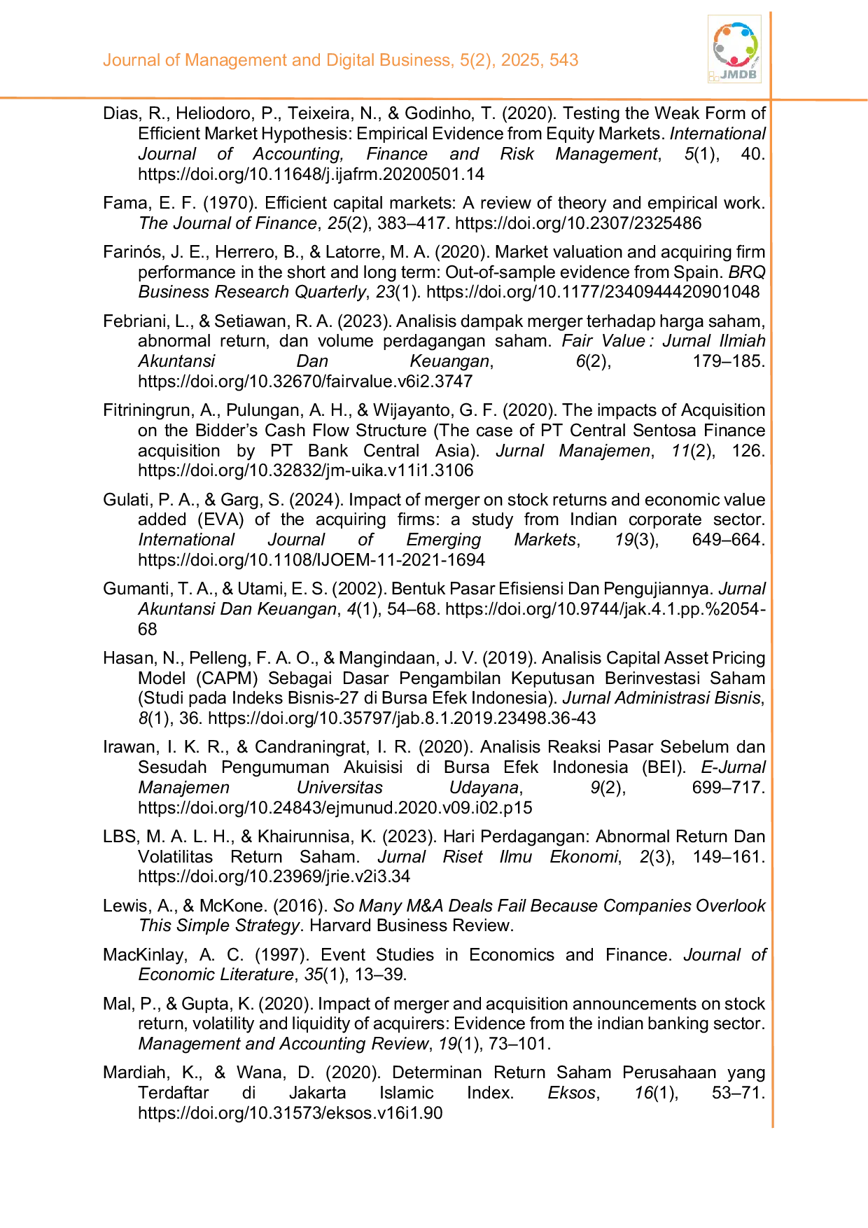 JURIS Dampak notifikasi merger dan akuisisi terhadap return saham pada perusahaan perbankan Indonesia