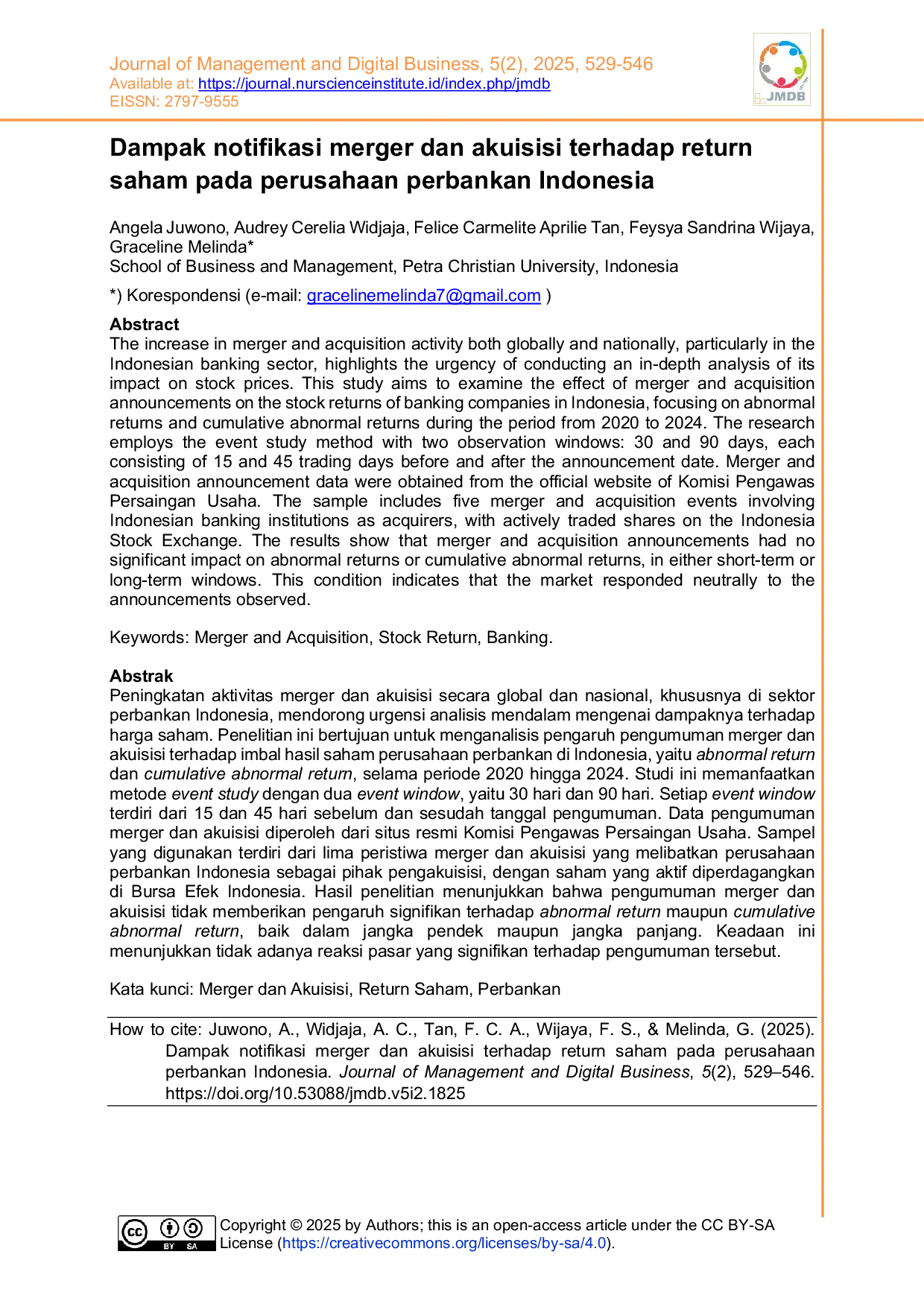 JURIS Dampak notifikasi merger dan akuisisi terhadap return saham pada perusahaan perbankan Indonesia