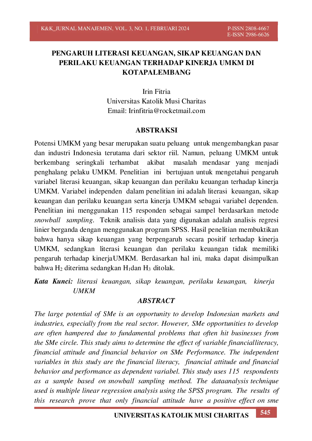 JURIS Pengaruh Literasi Keuangan Sikap Keuangan dan Perilaku Keuangan Terhadap Kinerja UMKM Di Kota Palembang
