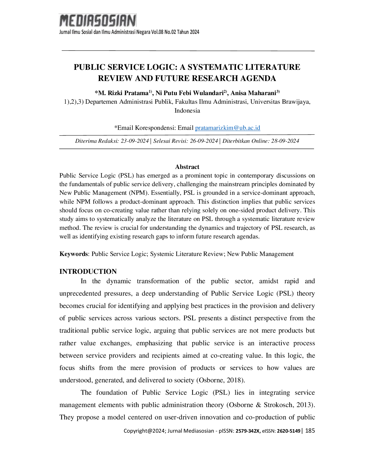 JURIS Public Service Logic A Systematic Literature Review and Future Research Agenda